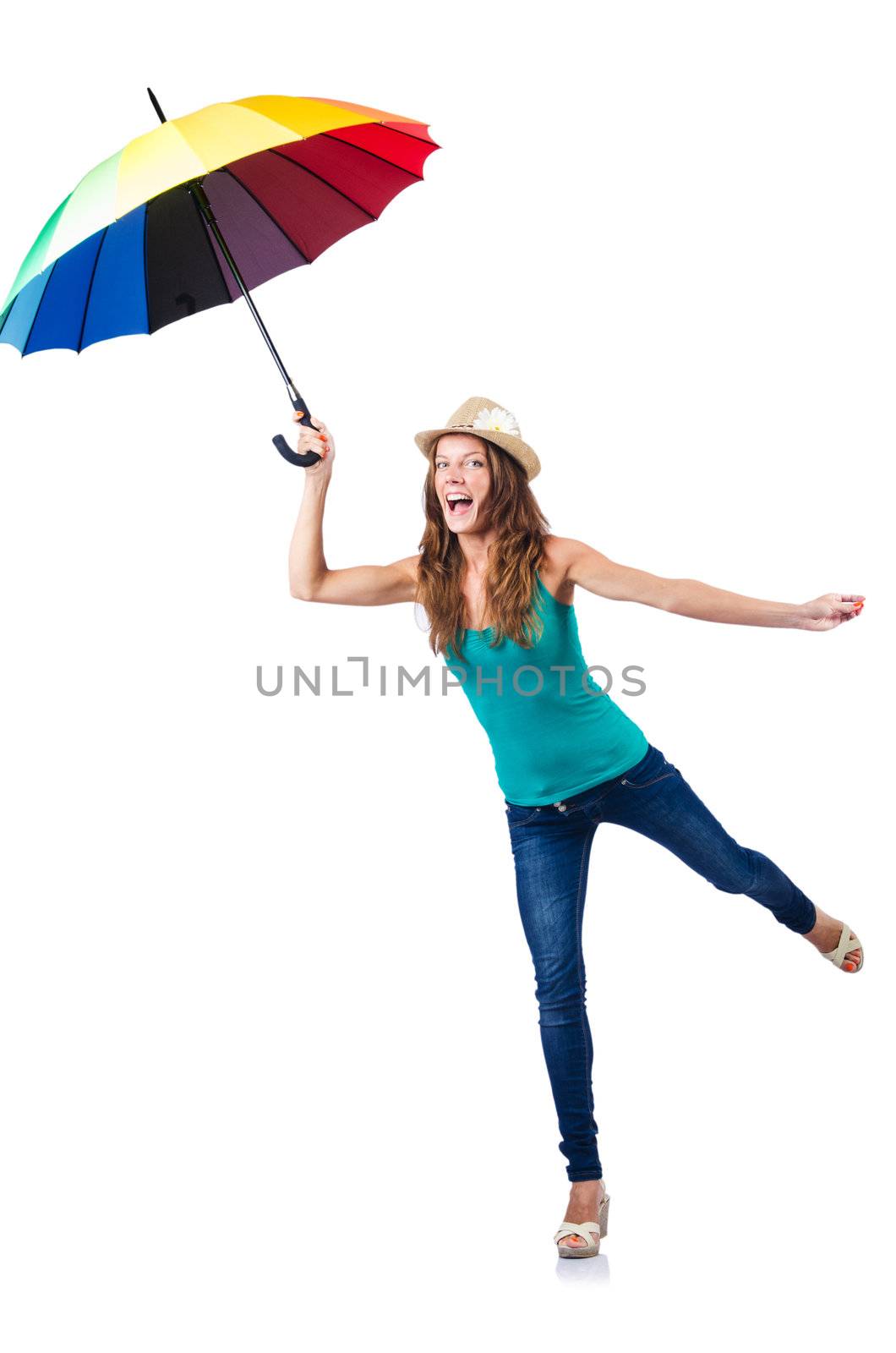 Young woman with umbrella on white by Elnur