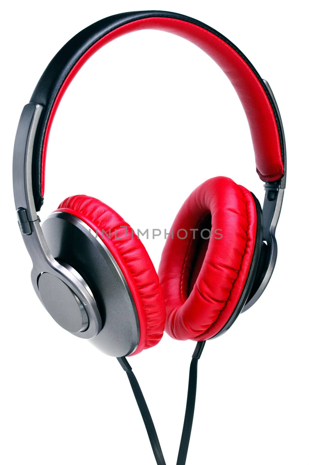 Fashion headphones made of red leather on a white background.