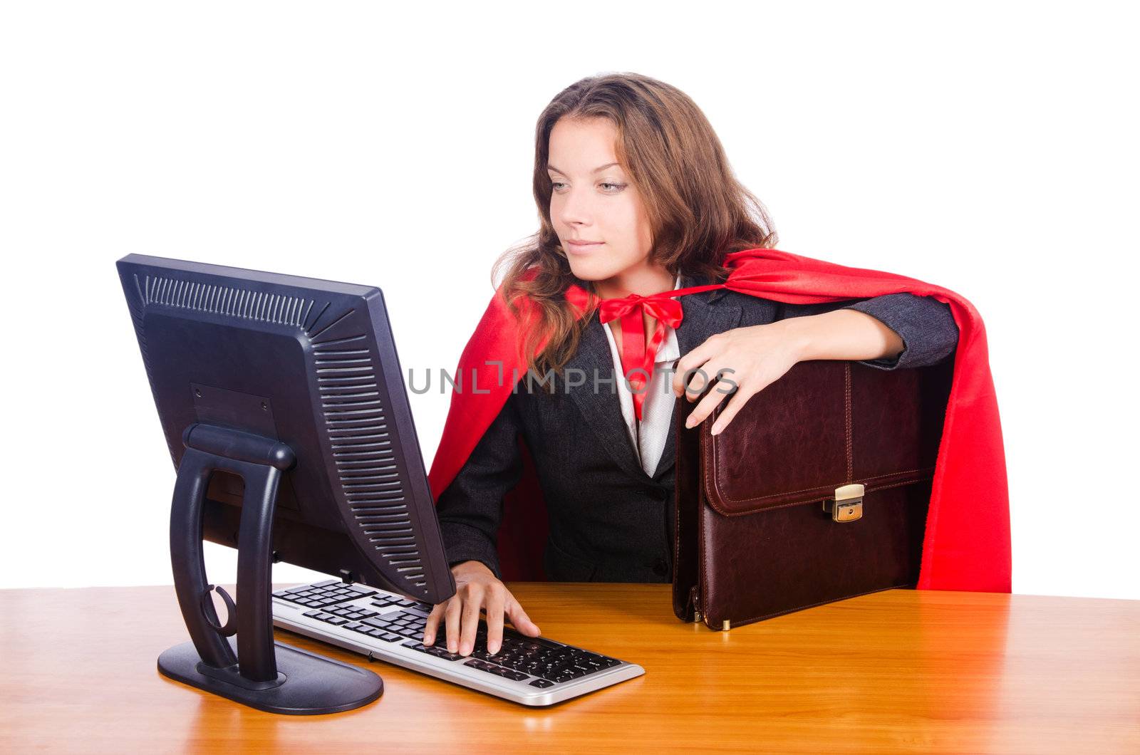 Superwoman worker working in office by Elnur