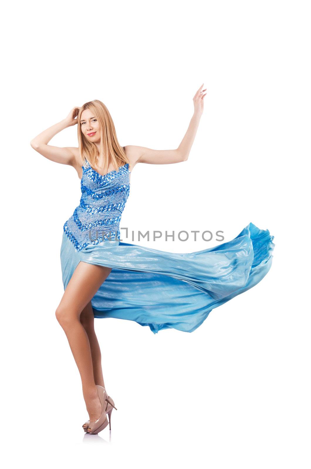 Attractive woman in blue dress on white