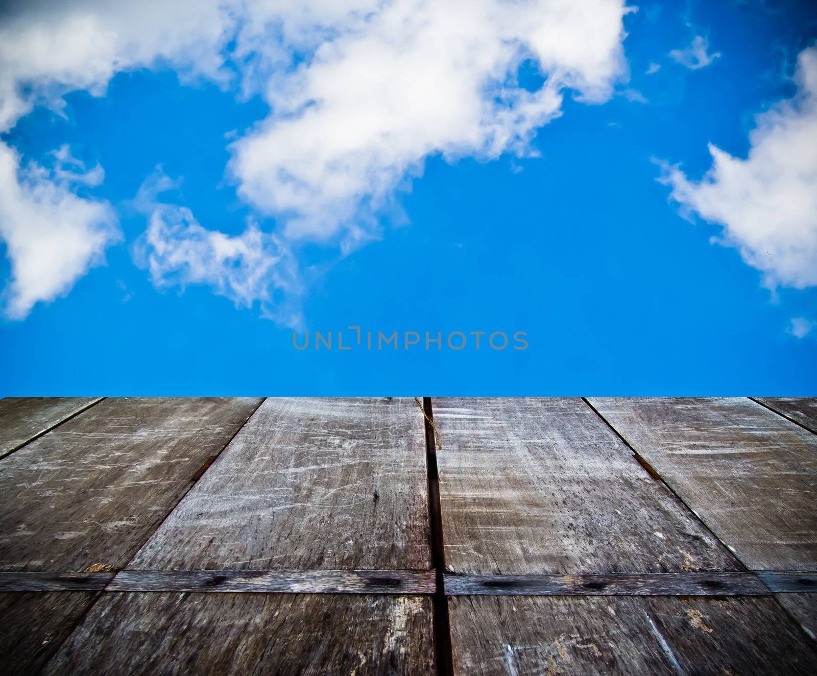 texture of perspective Old wood floor and cloudy sky