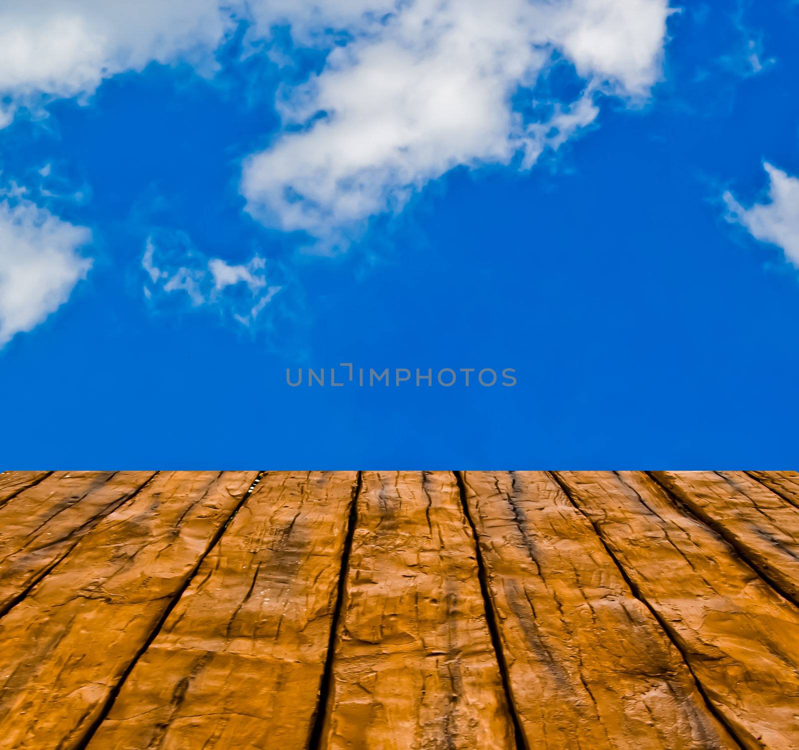 texture of perspective Old wood floor and cloudy sky