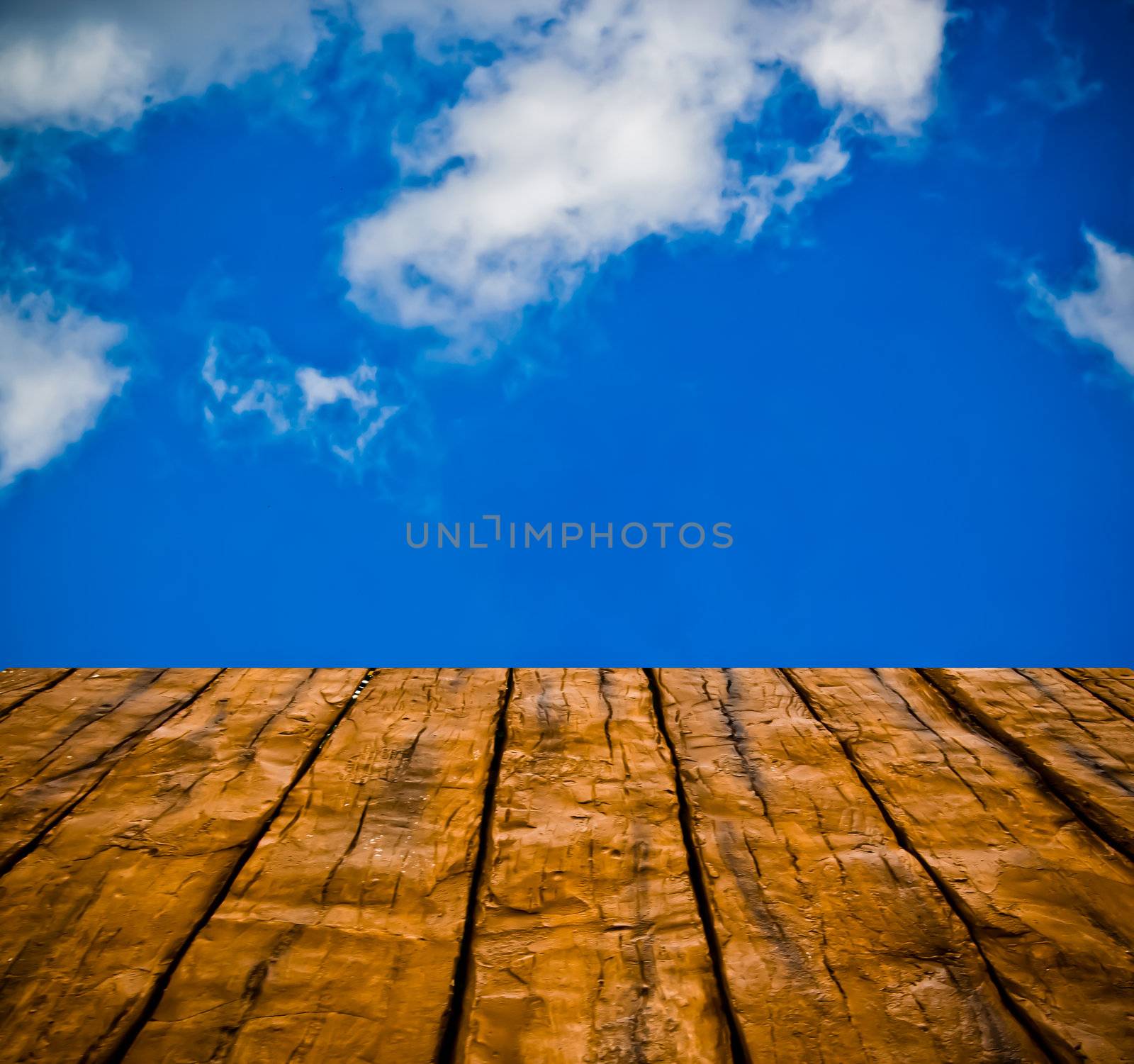 texture of perspective Old wood floor and cloudy sky  by wasan_gredpree