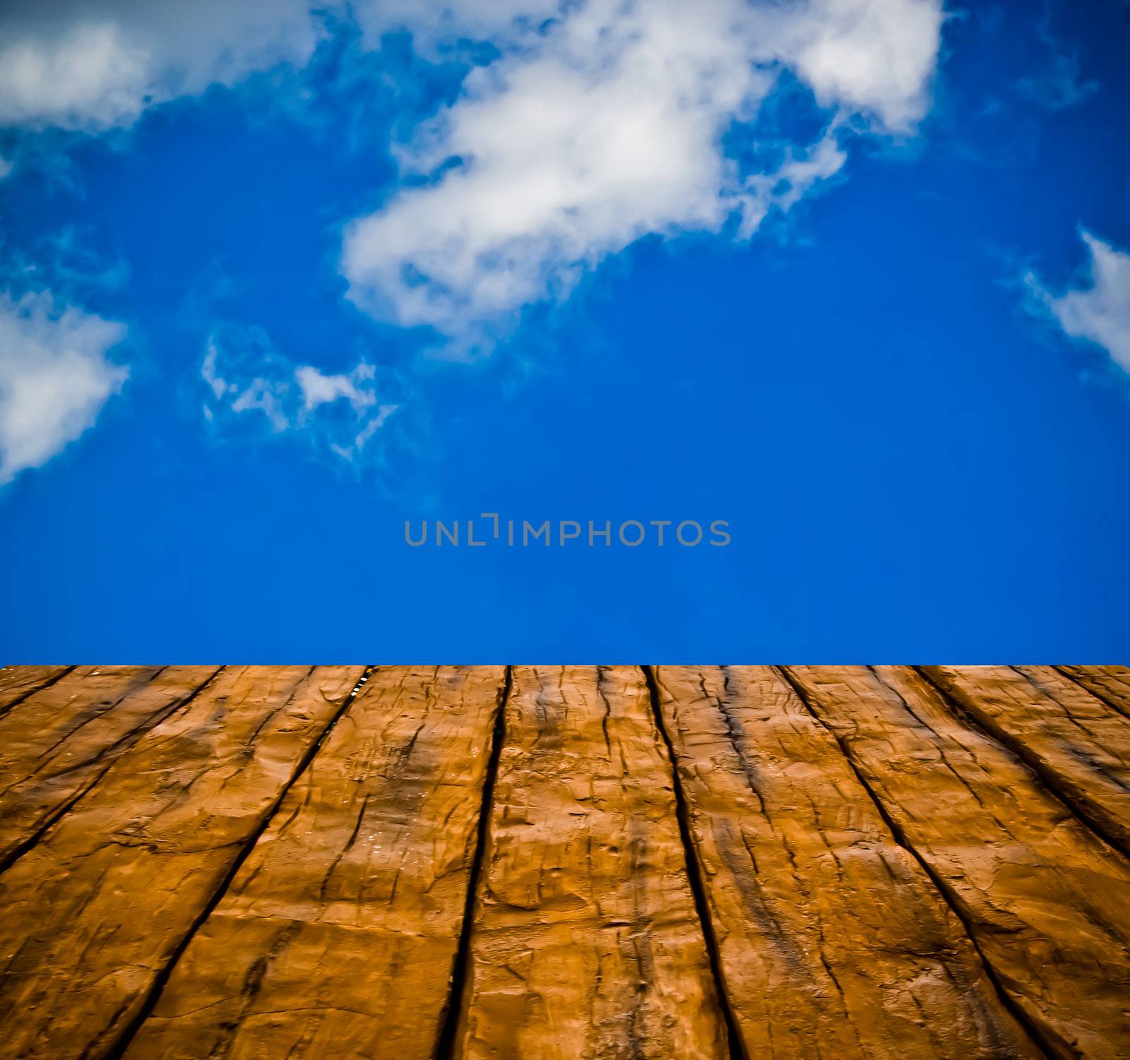 texture of perspective Old wood floor and cloudy sky