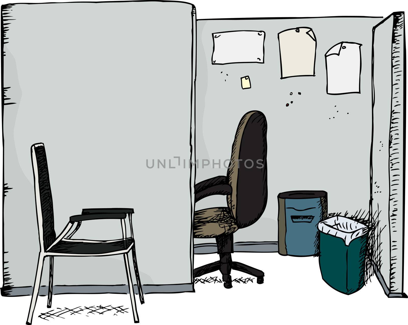 Isolated office cubicle with chairs, shredder and garbage can