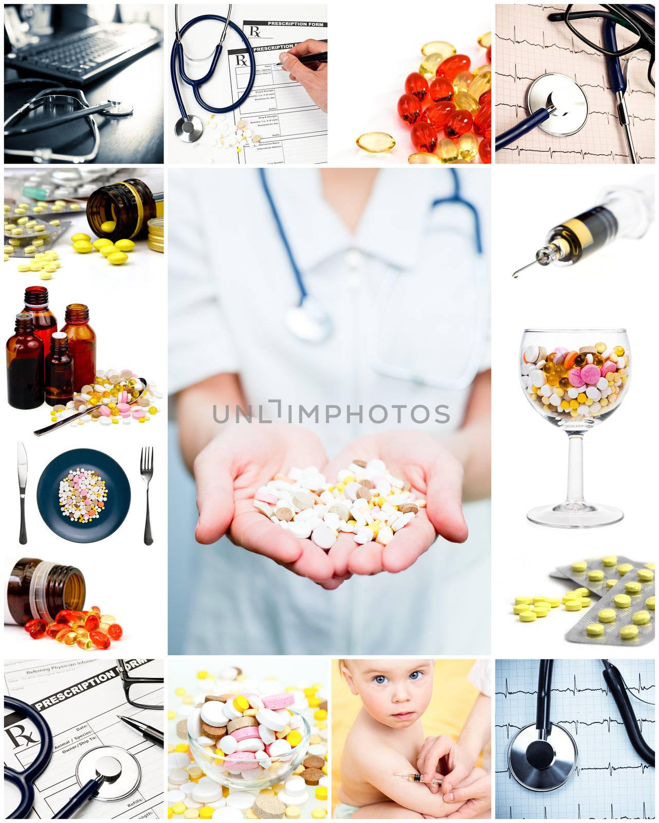 Collection of medical concepts with pills stethoscope syringe etc