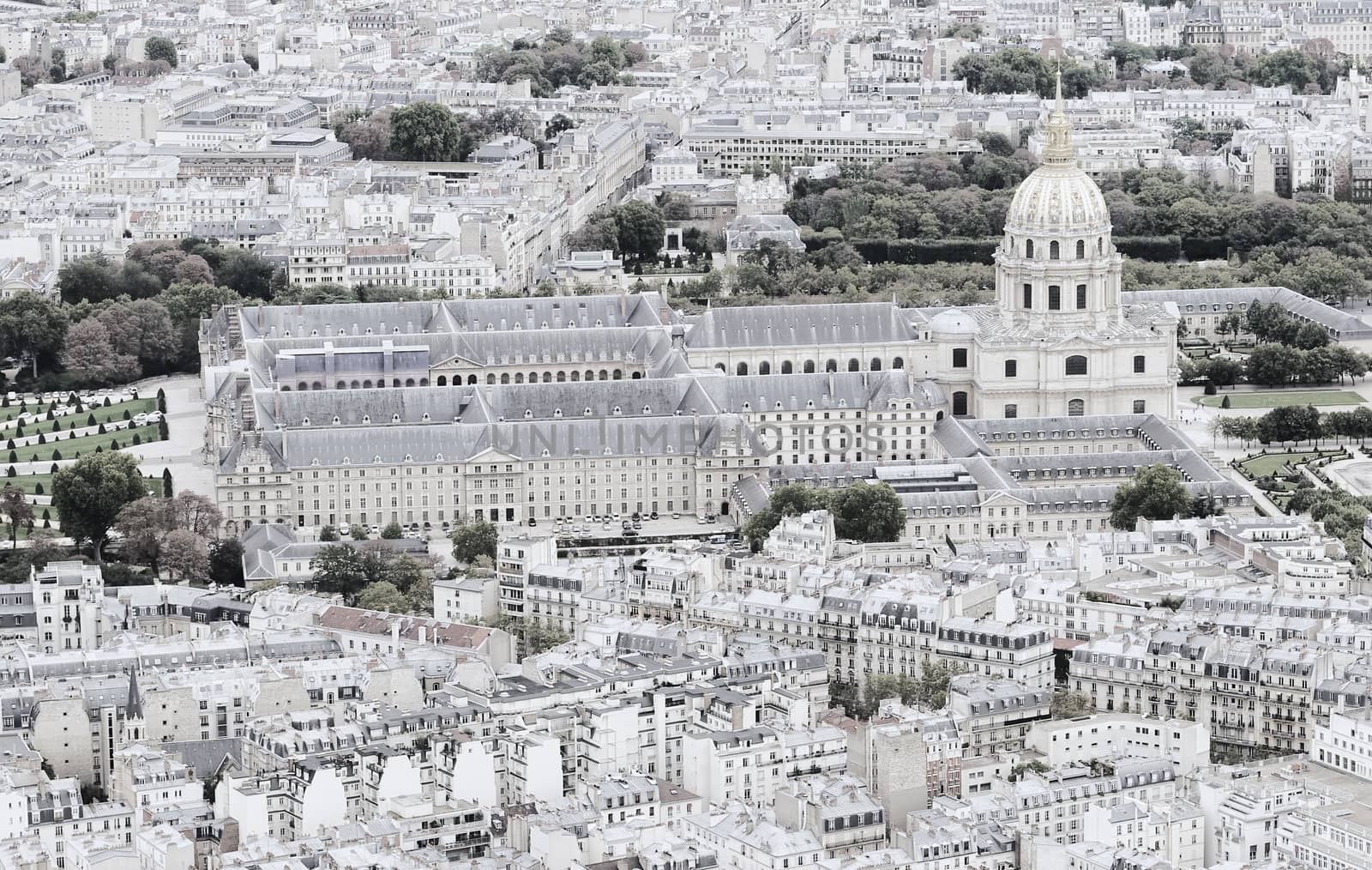 Paris, France - aerial city view with Les Invalides building. UNESCO World Heritage Site