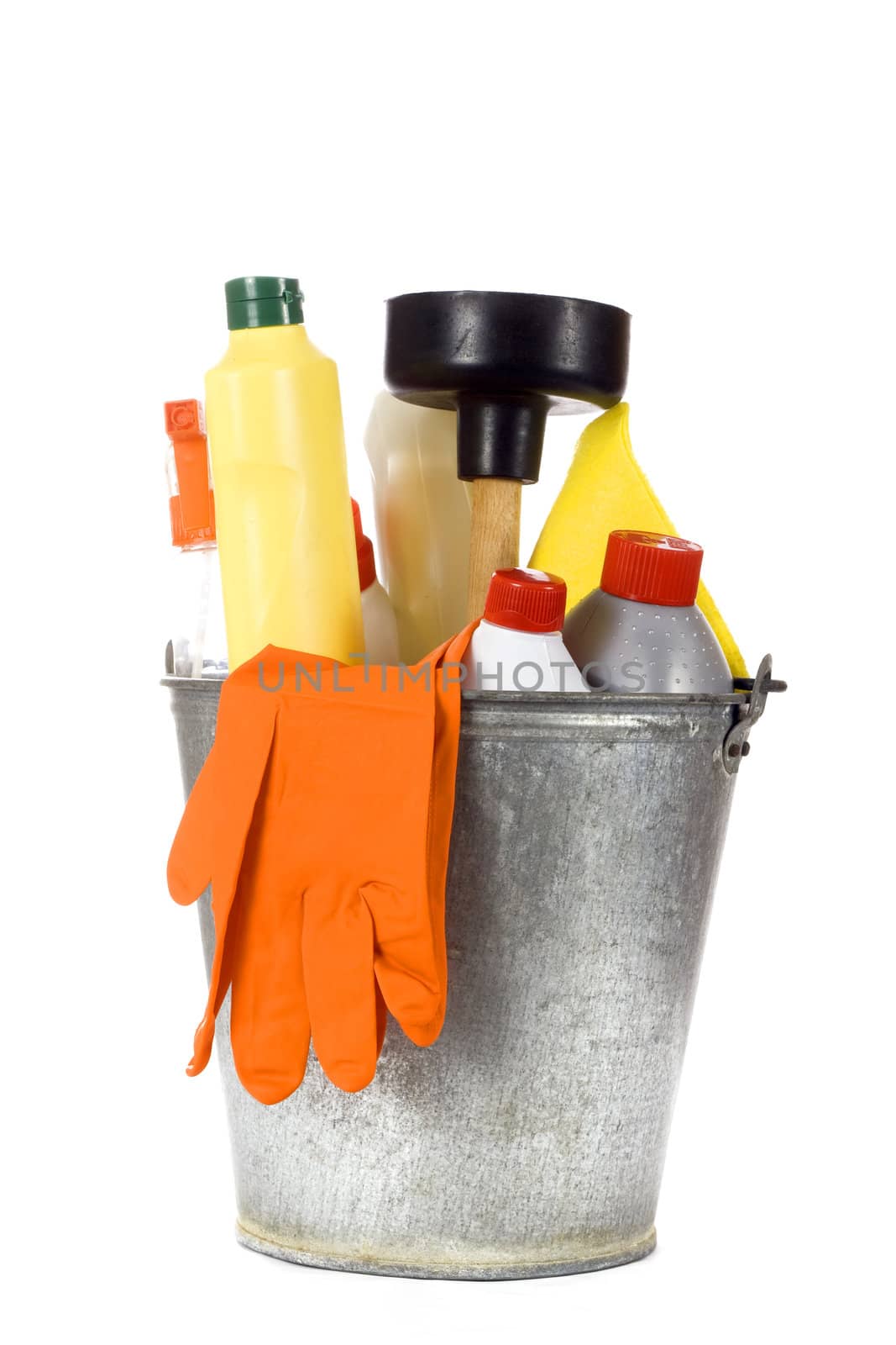 Cleaning Equipment in an iron bucket izoilrovannye on a white background
