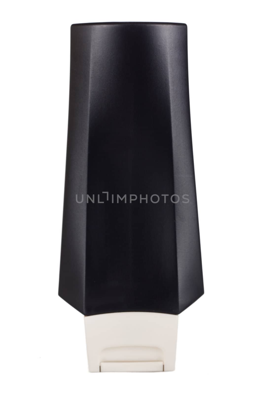 Black shower shampoo bottle on white background
