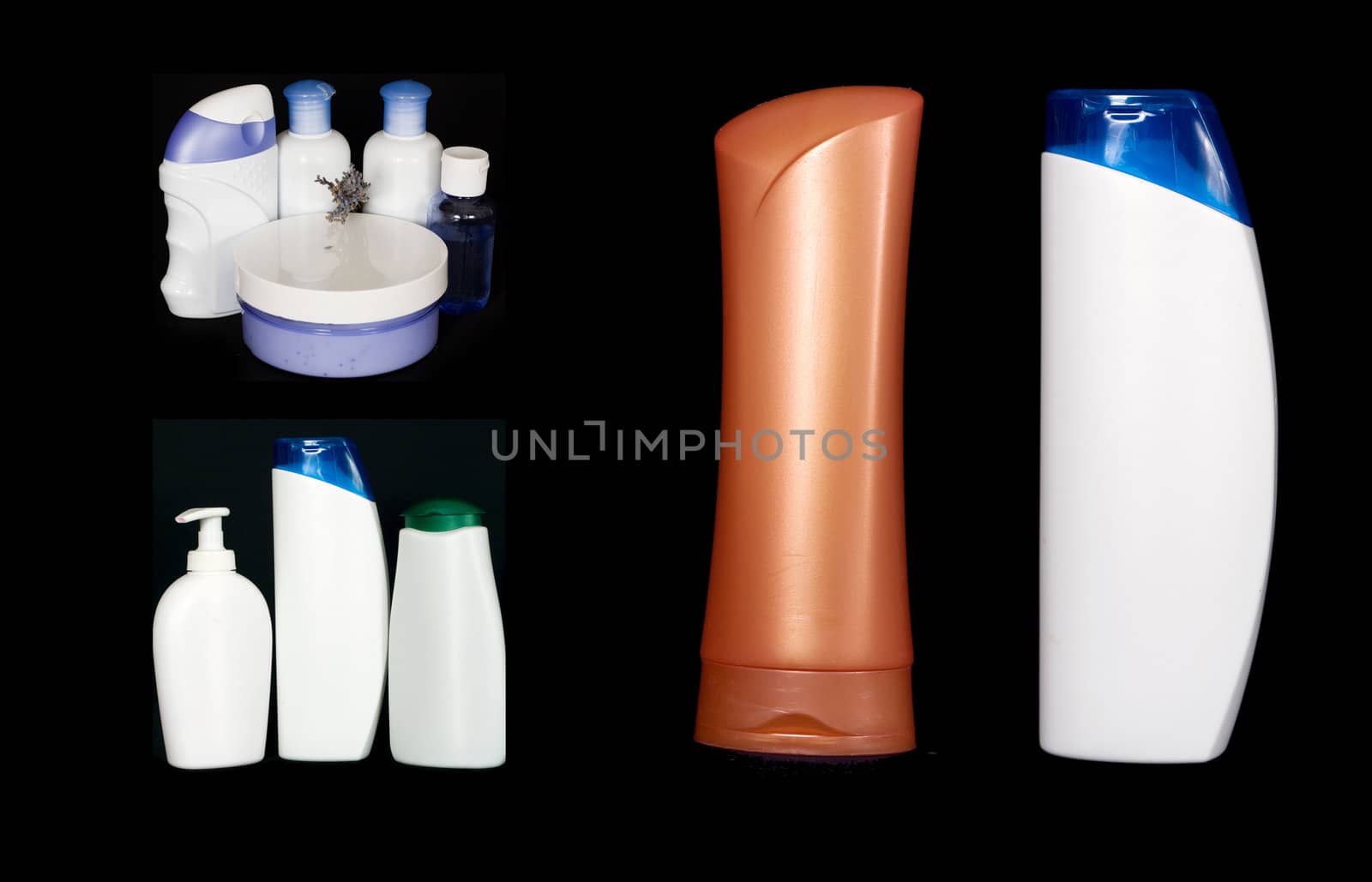 collage of cosmetic products on a black background
