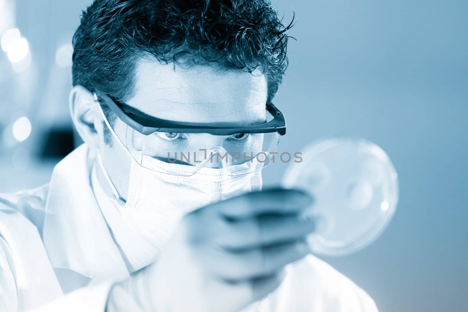 Mask protected life science professional observing the petri dish. Black and white, blue toned portrait.