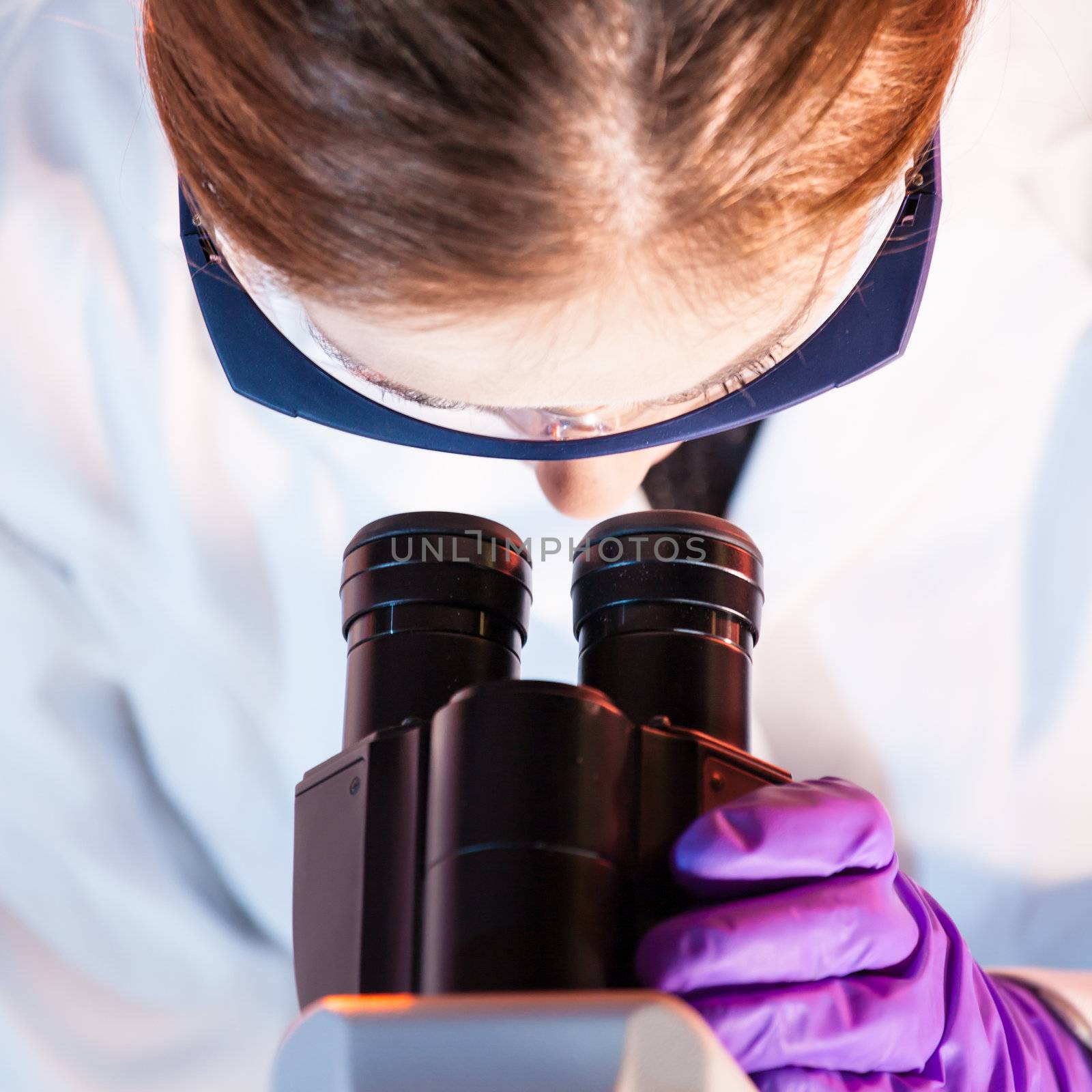 Scientist looking trough the microscope.