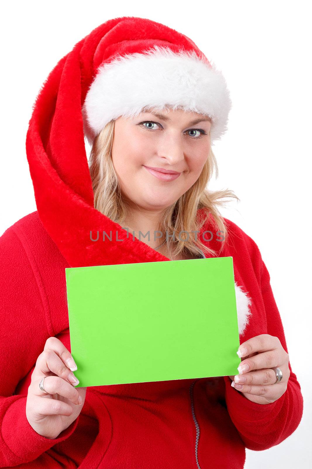 joyful pretty santa woman with empty sign on white background