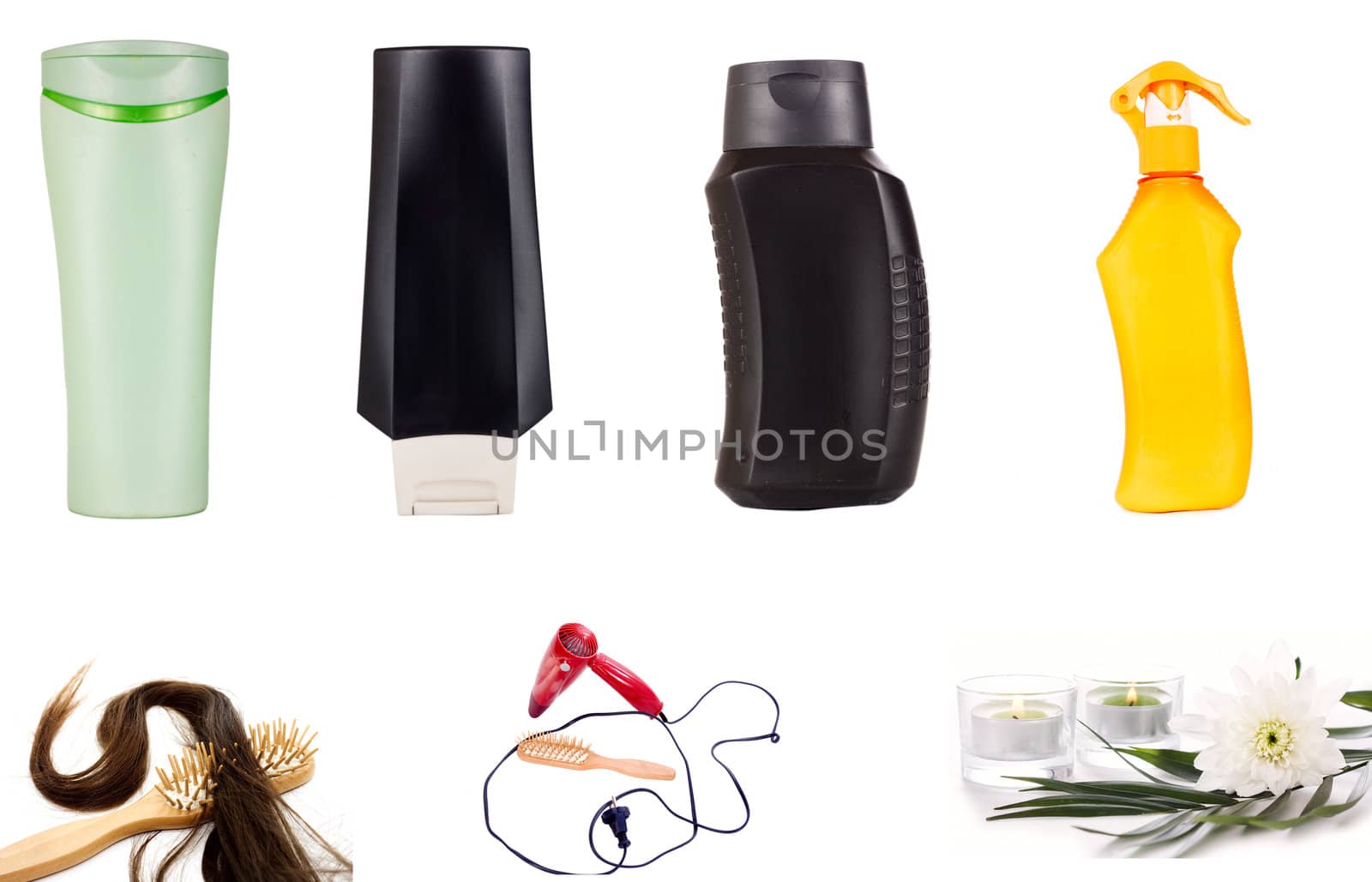 assortment of cosmetics for the hair. Hair dryer, hairbrush