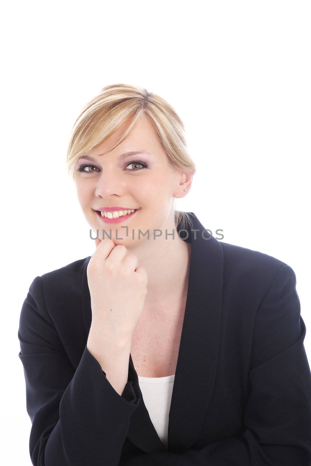 Mugshot image of a beautiful blonde female model smiling for the camera. Charming young businesswoman with her hand to her chin sitting smiling at the camera isolated on white