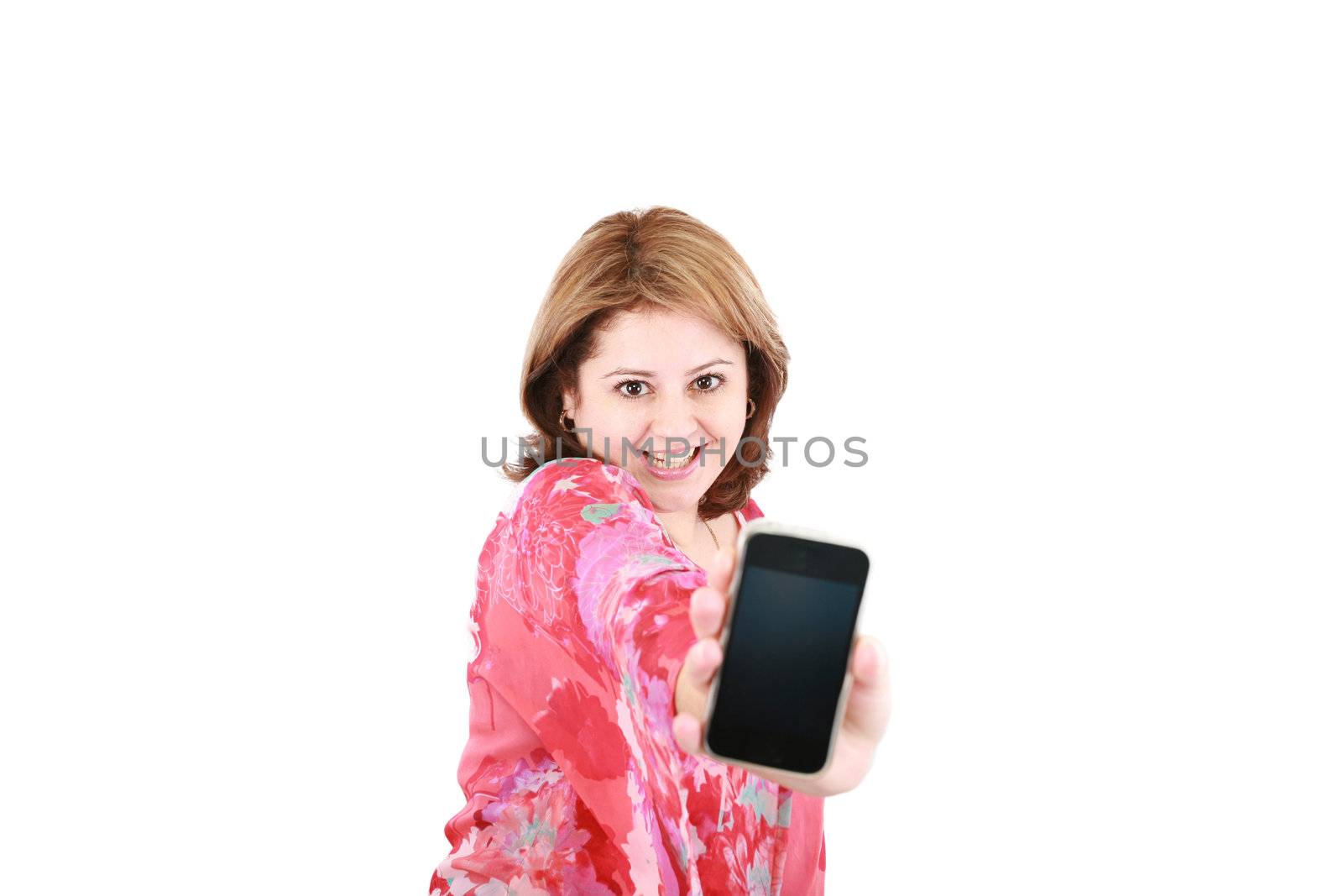 Portrait of an attractive young female advertising cellphone against white background