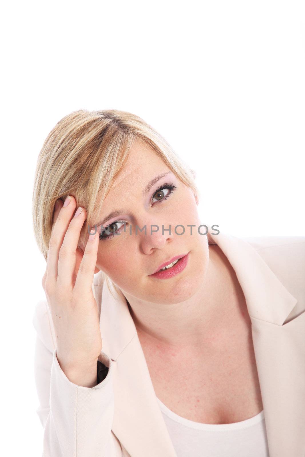 Closeup shot of a pretty female model looking stressed, placed her hand on the forehead, Portrait of blond woman, holding her head, thinking. Isolated on white