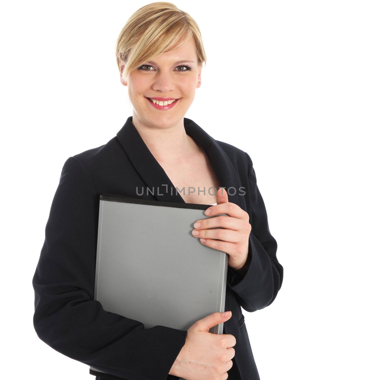 Half body portrait of a smiling beautiful young businesswoman or manageress standing holding a file or folio case isolated on white