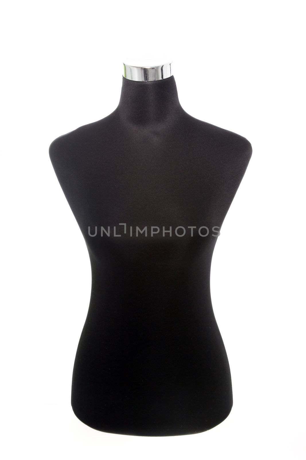 Modern black mannequin or dummy used for displaying fashion clothing or by a dressmaker or tailor as a human form on which to design and manufacture their garments