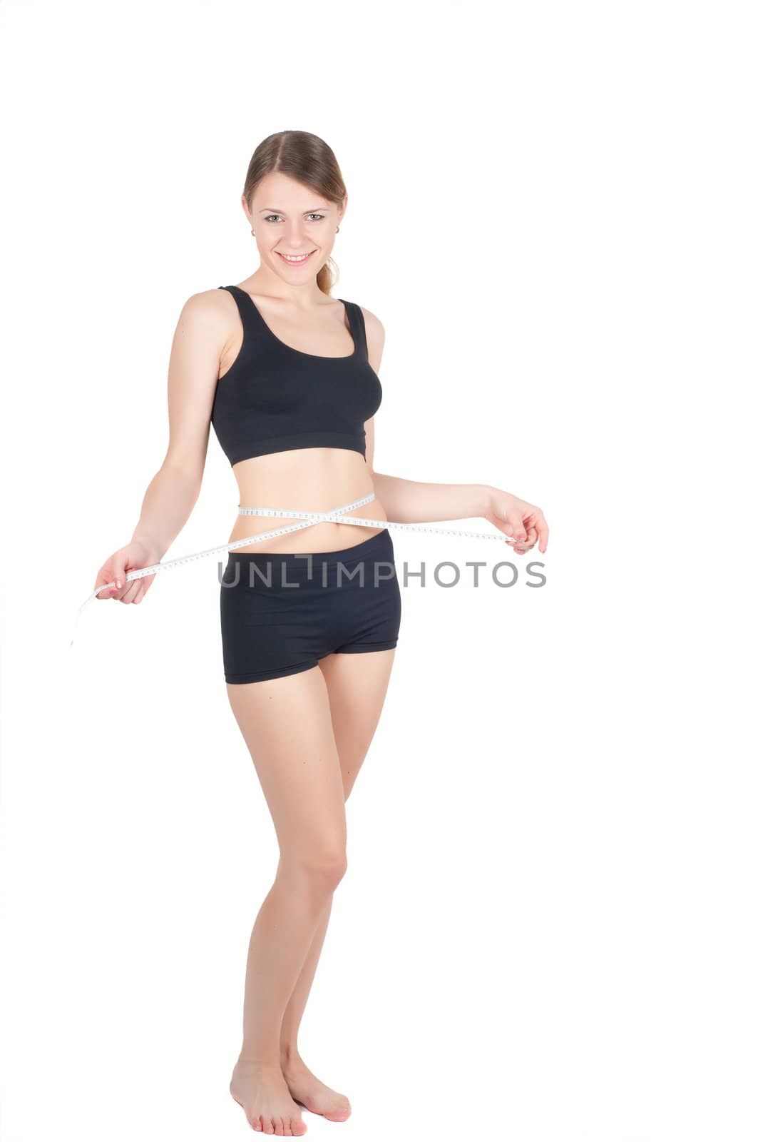 Fitness woman with tape-measure, isolated on white