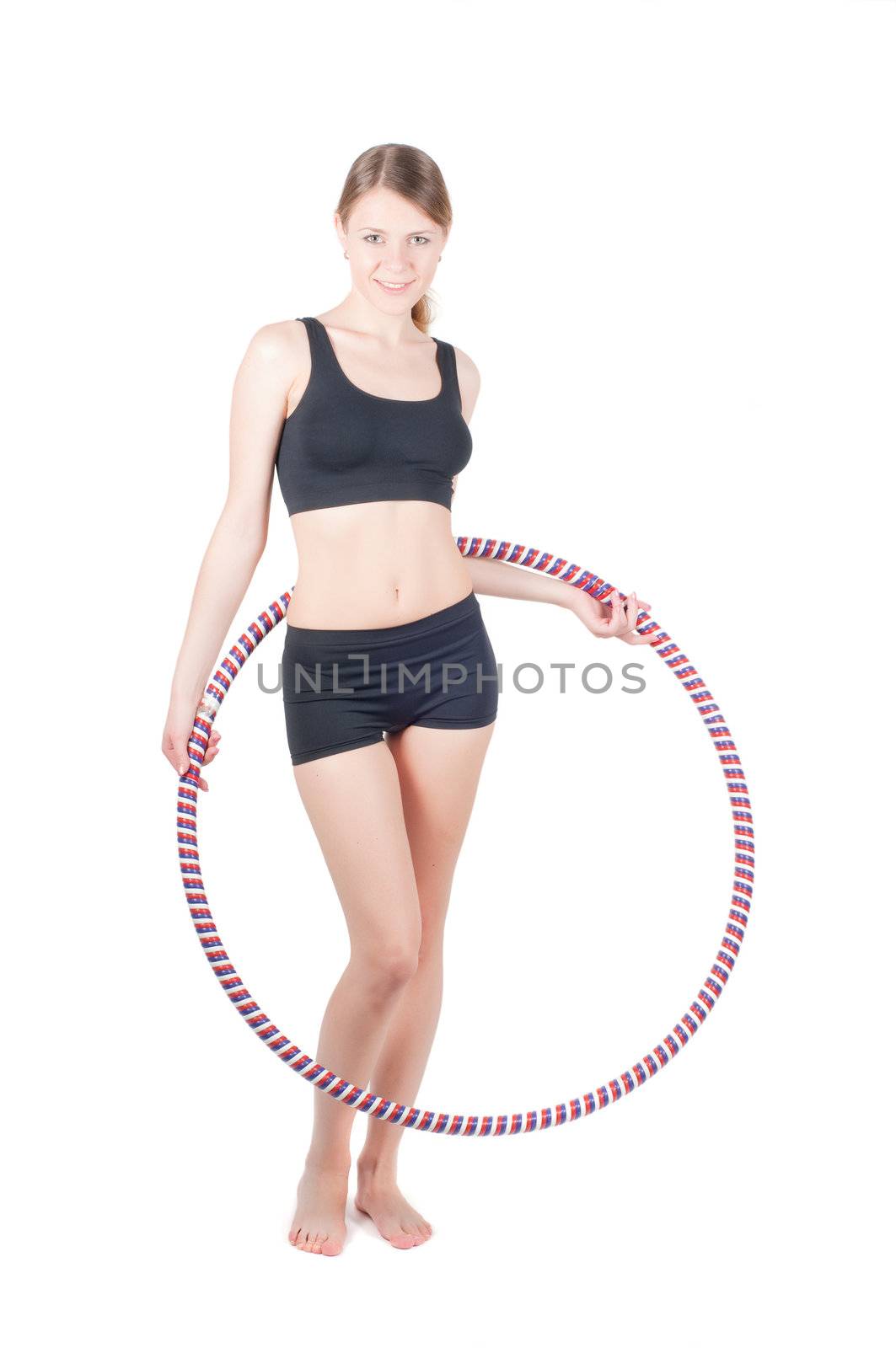 Fitness woman with hula hoop, isolated on white