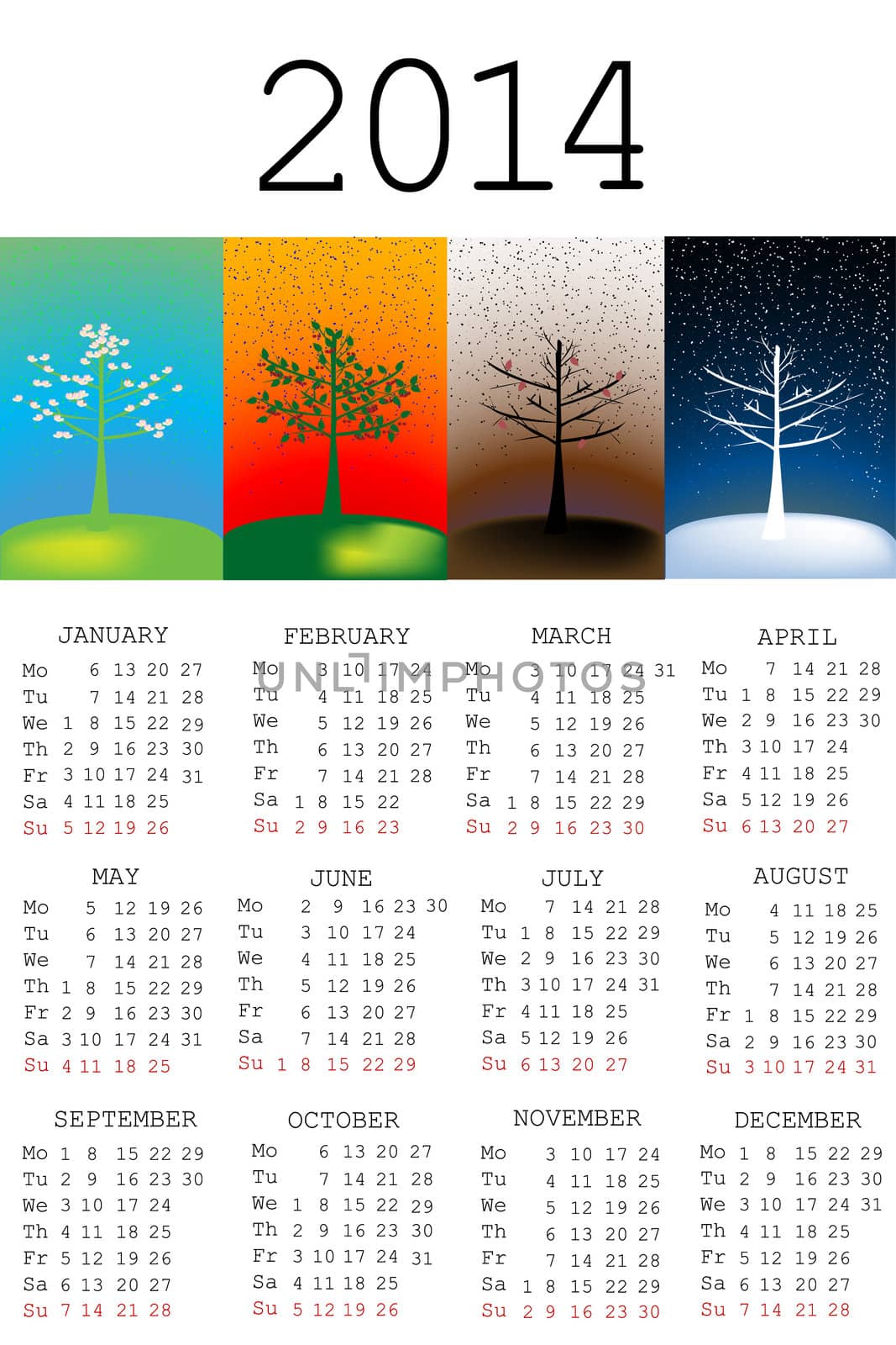 2014 Calendar with tree in all the seasons