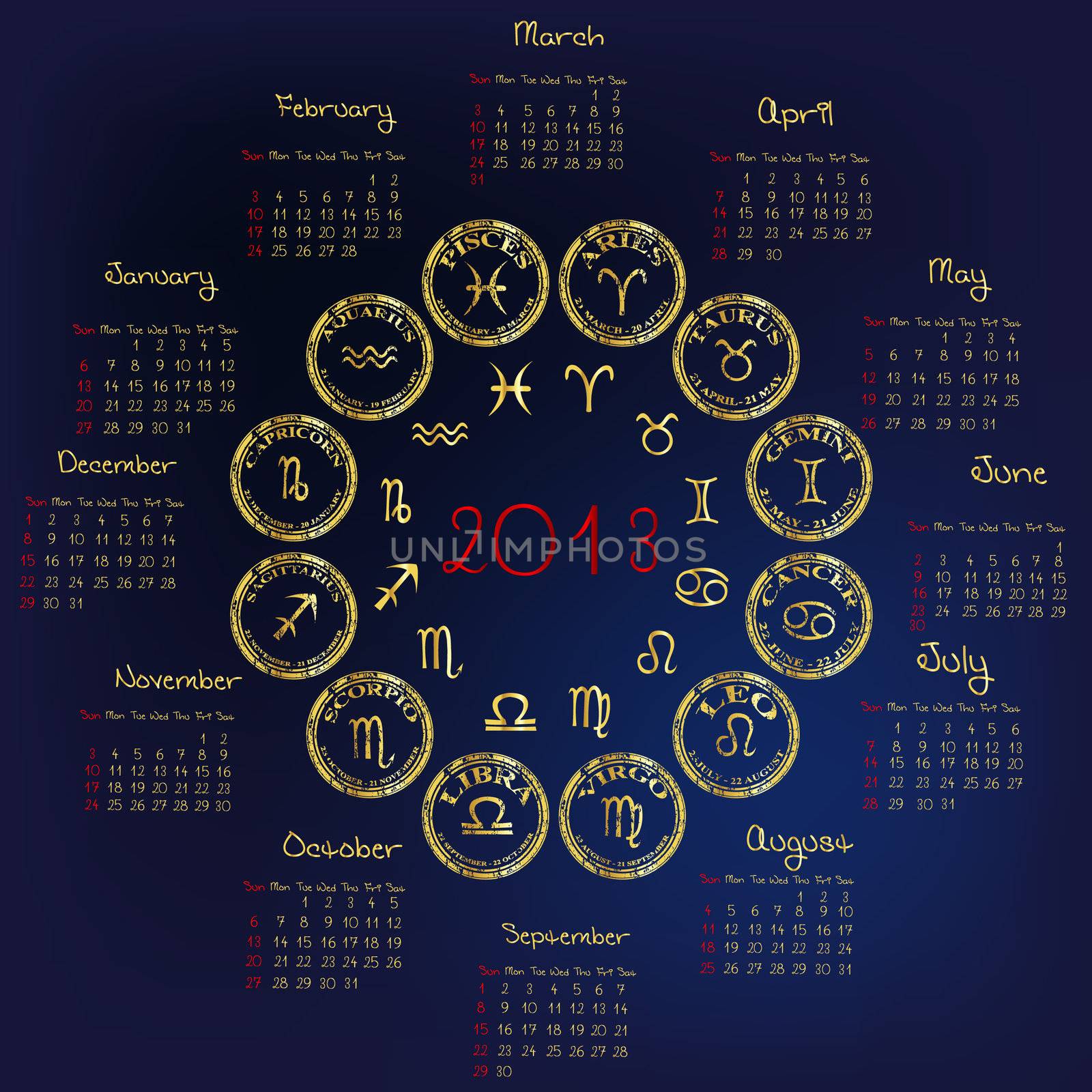 2013 Calendar with astrology signs