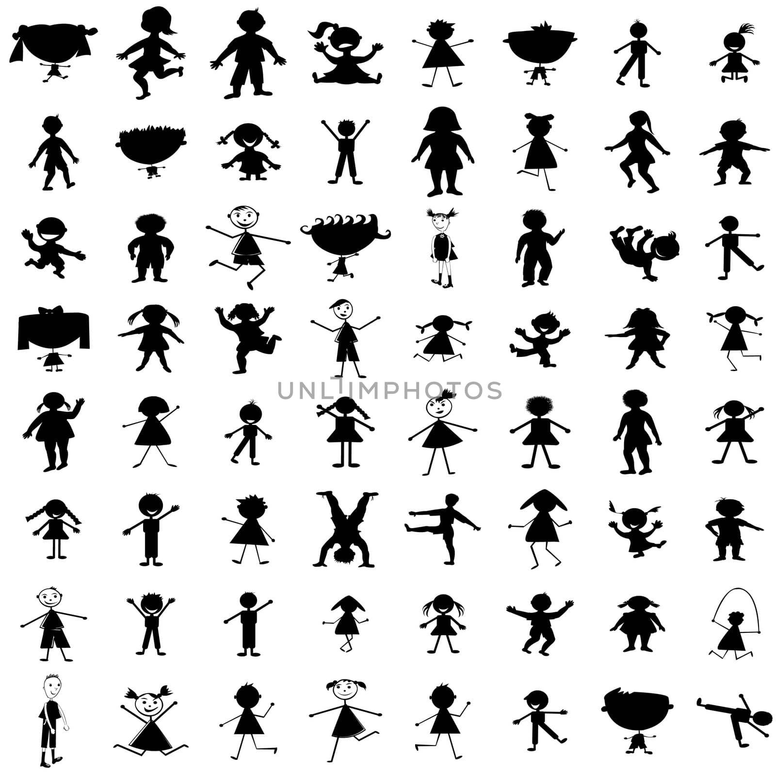 Set of hand drawn children silhouettes