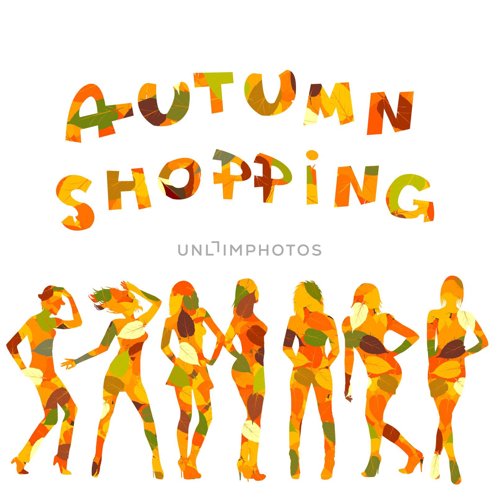 Autumn shopping advertising with falling leaves patterned women by hibrida13