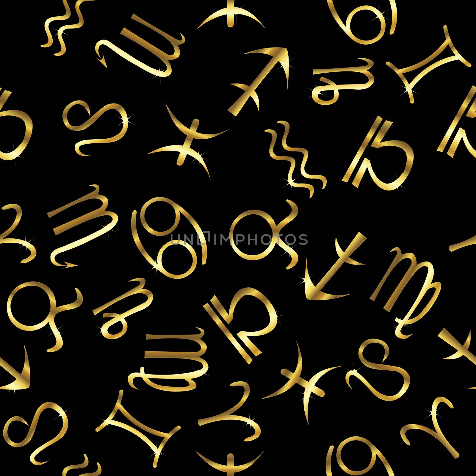 Golden zodiacal signs over black background