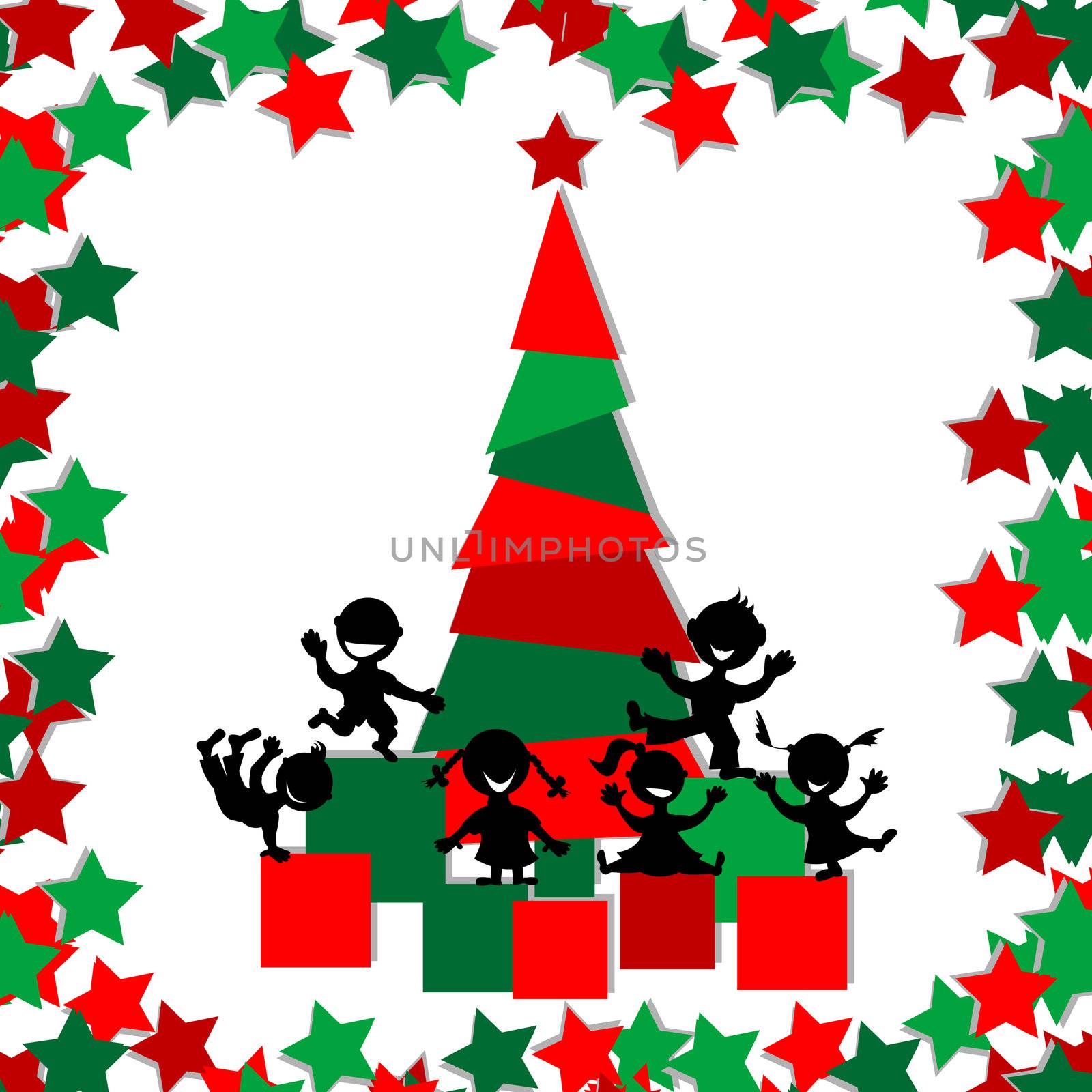 Christmas card with kids playing around a Christmas tree