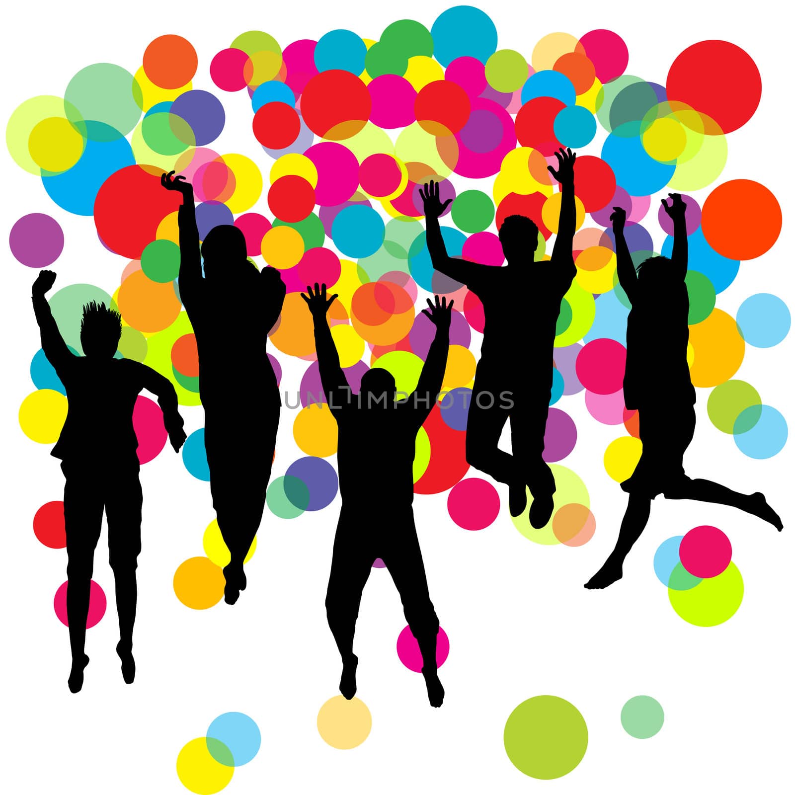 Happy boys and girls jumping over colored balls background