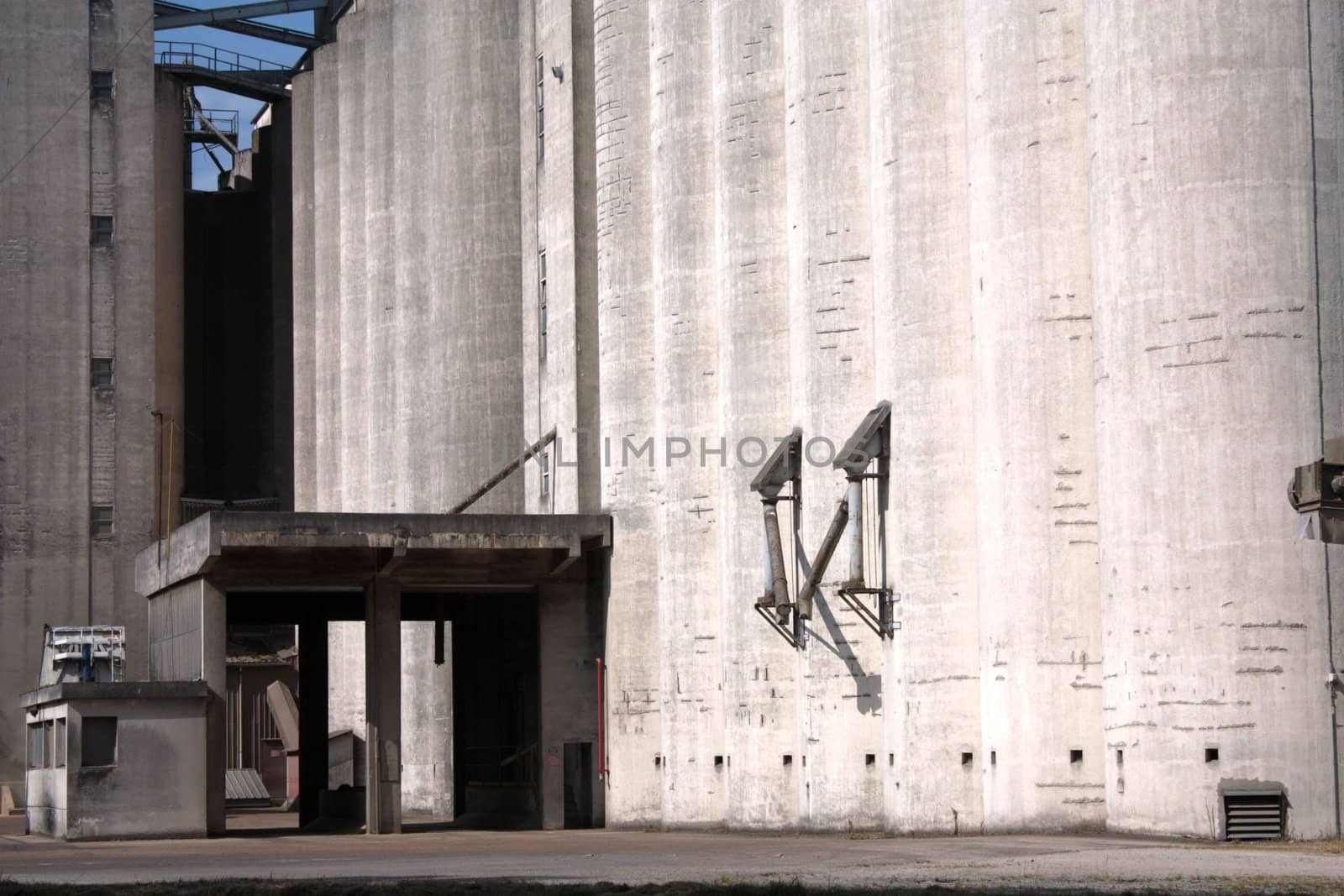 closeup of an industrial grain silo towers 