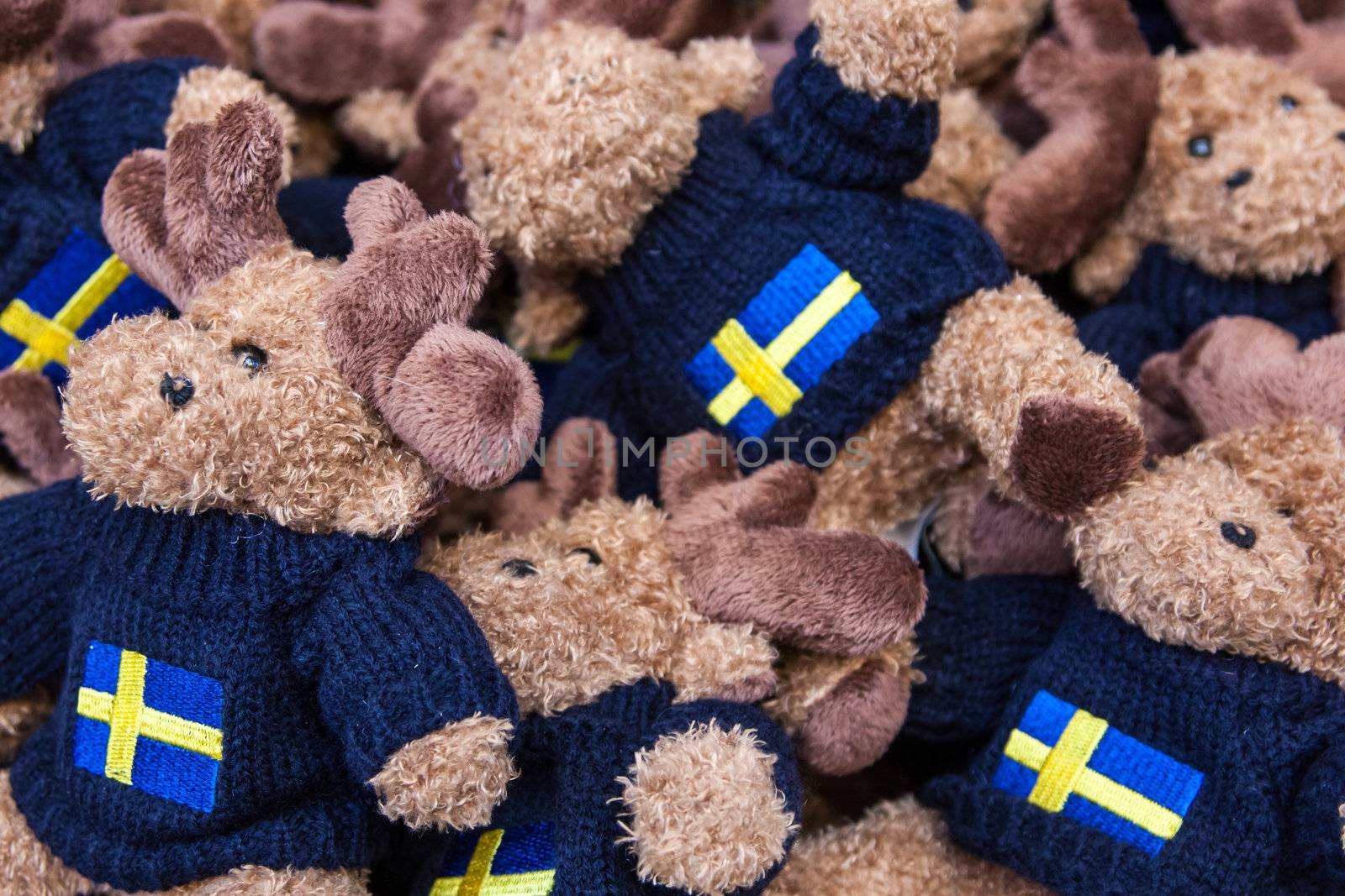 Many soft toys with Swedish flag