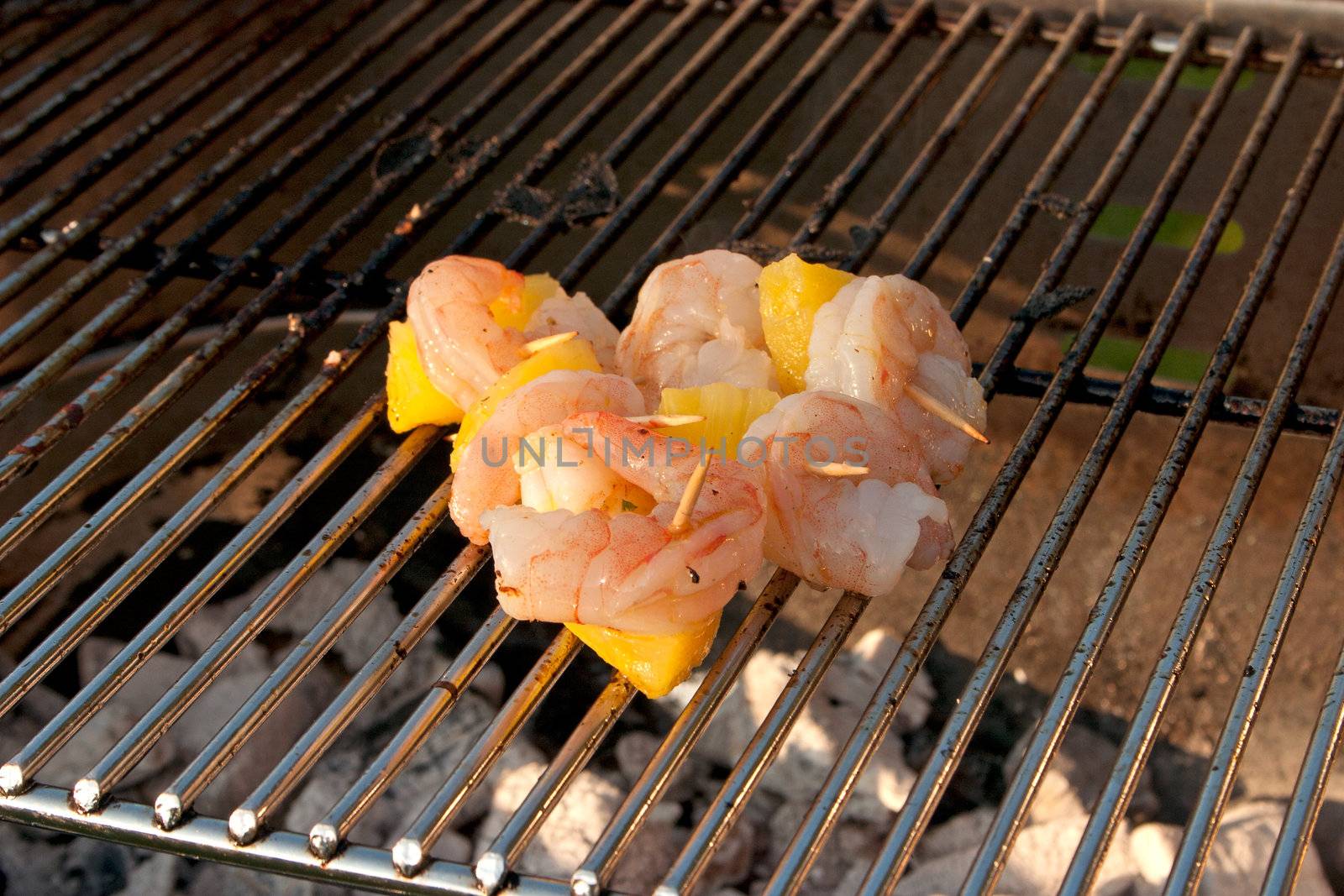 Cooking a few Meat Brochettes on a Barbecue outside in the garden