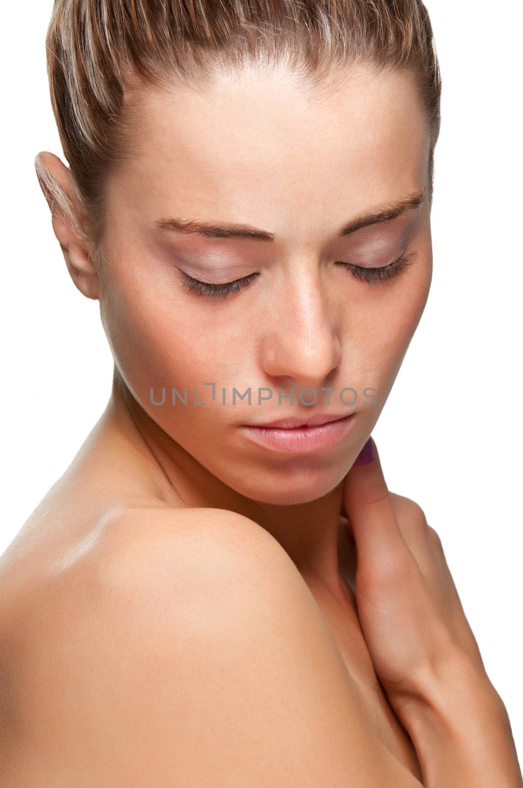 Portrait of young woman isolated on white background, with eyes closed