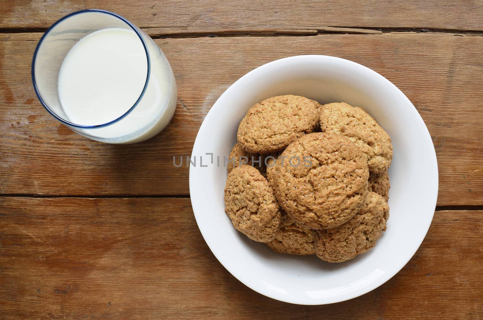 white plate with oat cookies and glass with milk on wooden table
