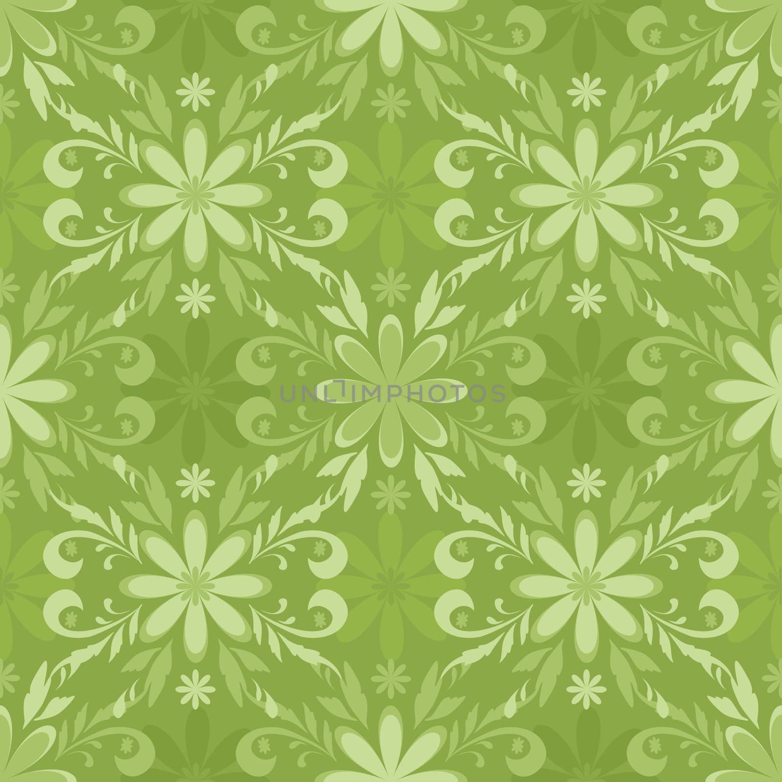 Seamless floral background, green symbolical silhouettes and contours flowers.