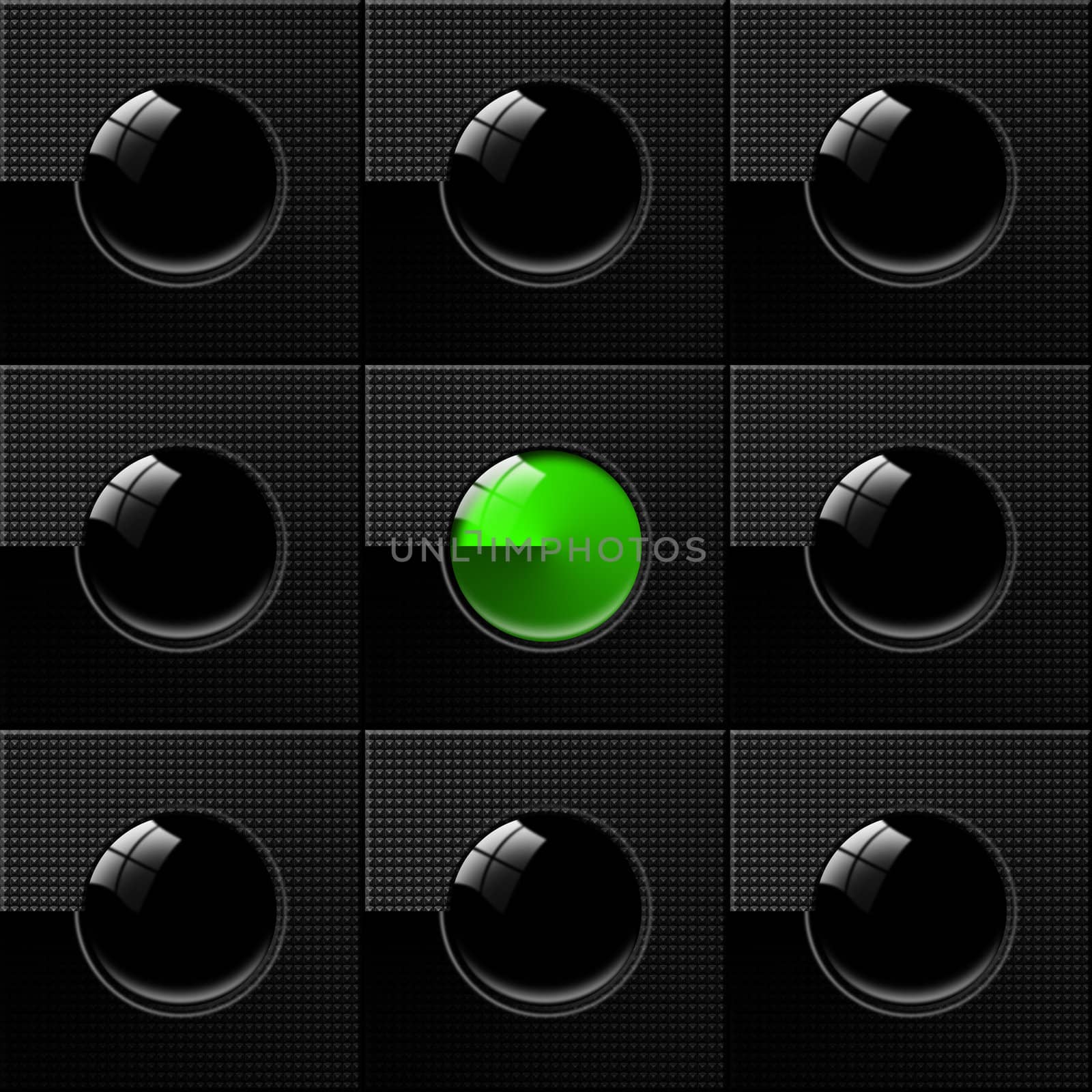Black Abstract background with nine squares, eight circles blacks and one green