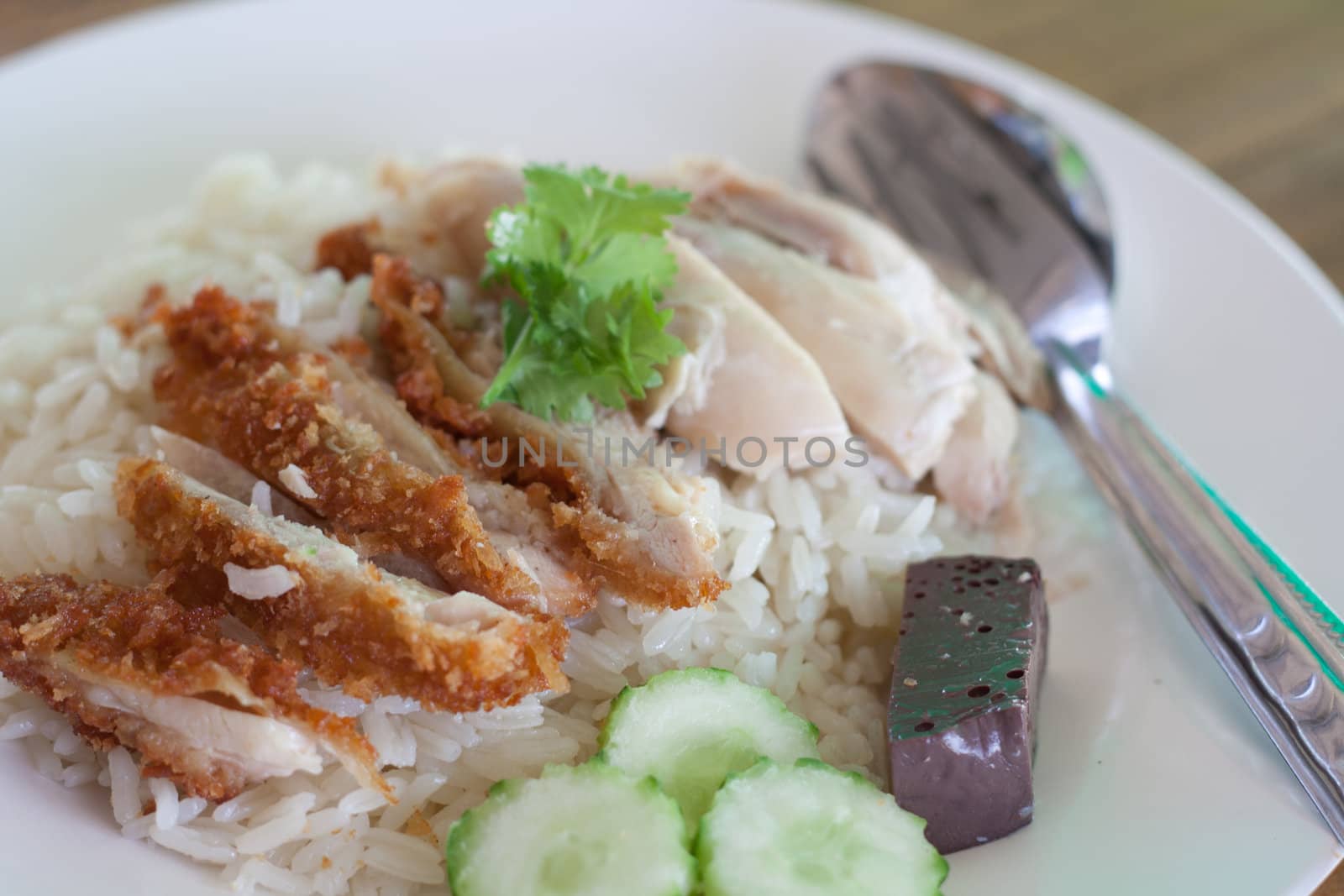 Rice with steamed chicken and fried chicken.