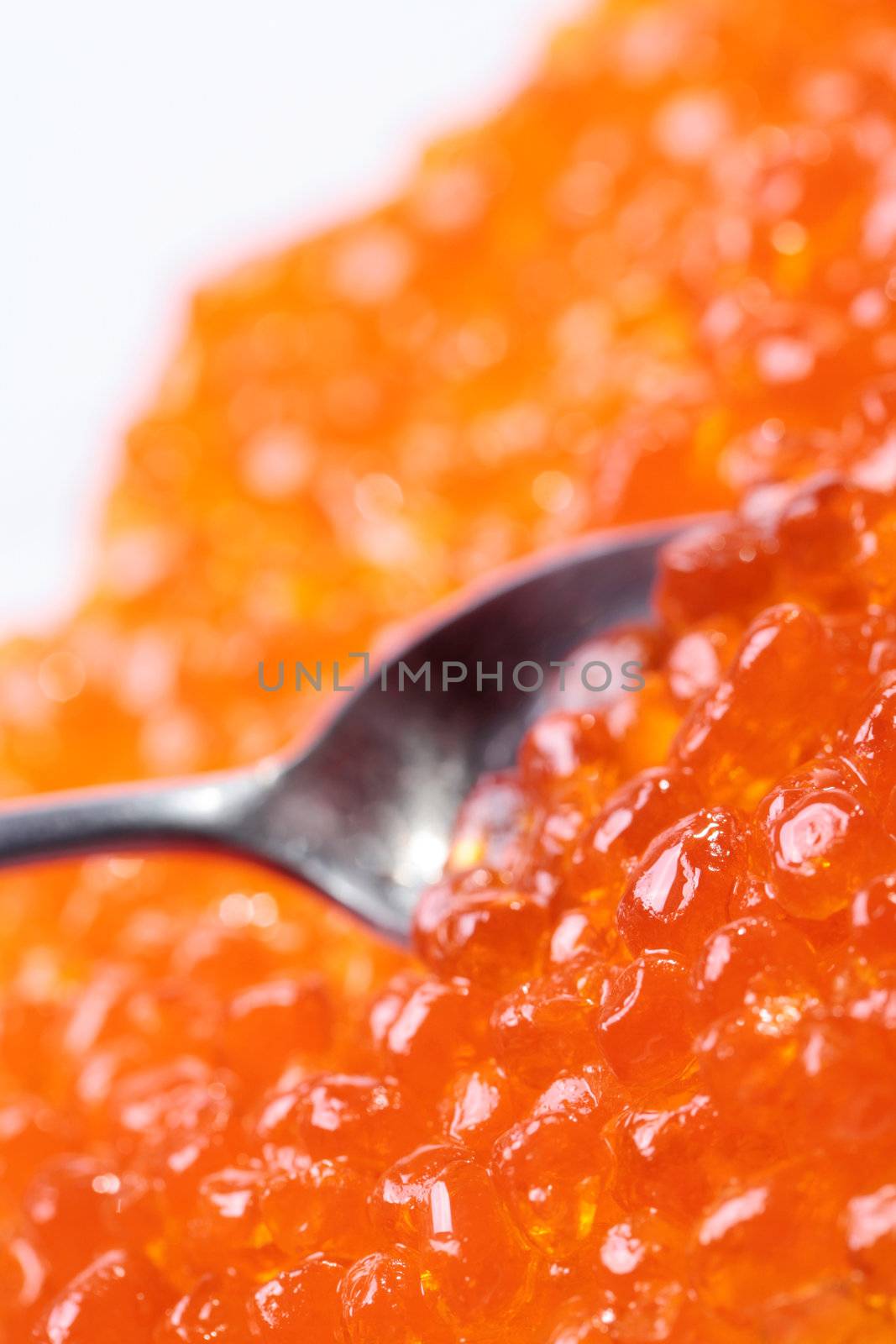 Close up of red tasty caviar with spoon inside