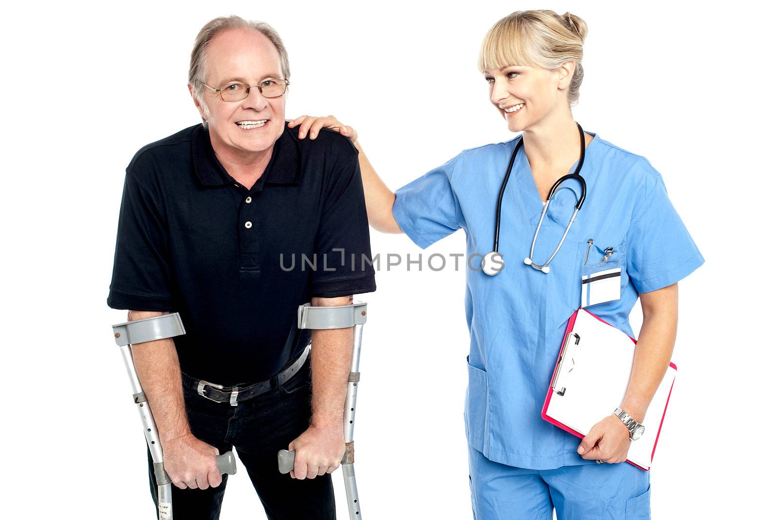 Cheerful doctor encouraging her patient to walk with crutches, smiling faces.