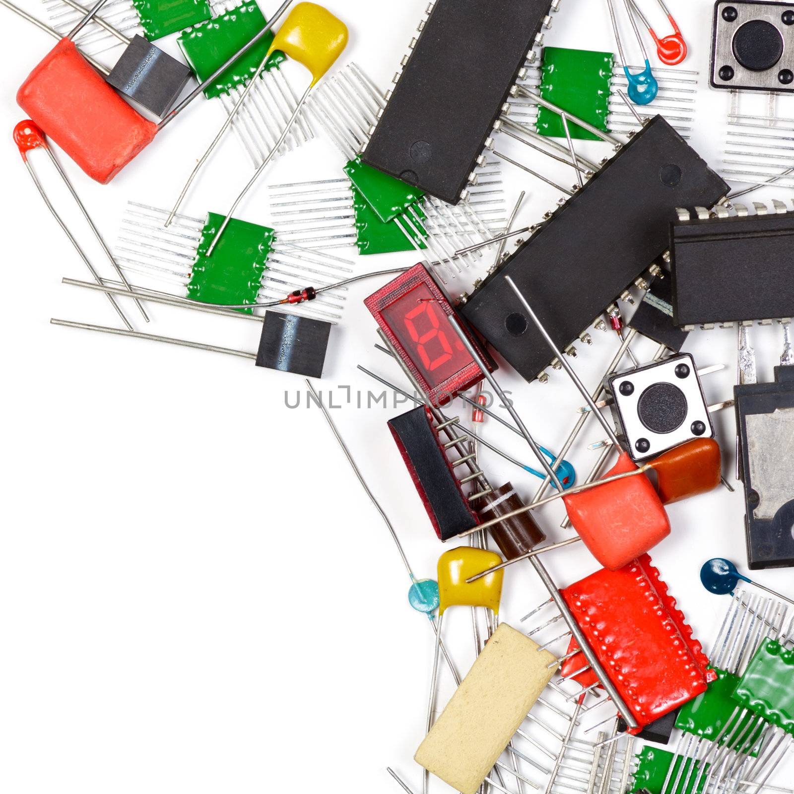 Electronic components on white background