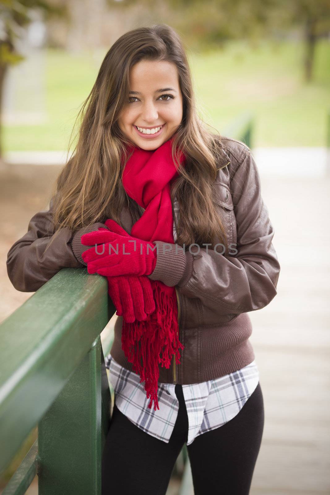 Pretty Woman Portrait Wearing Red Scarf and Mittens Outside by Feverpitched