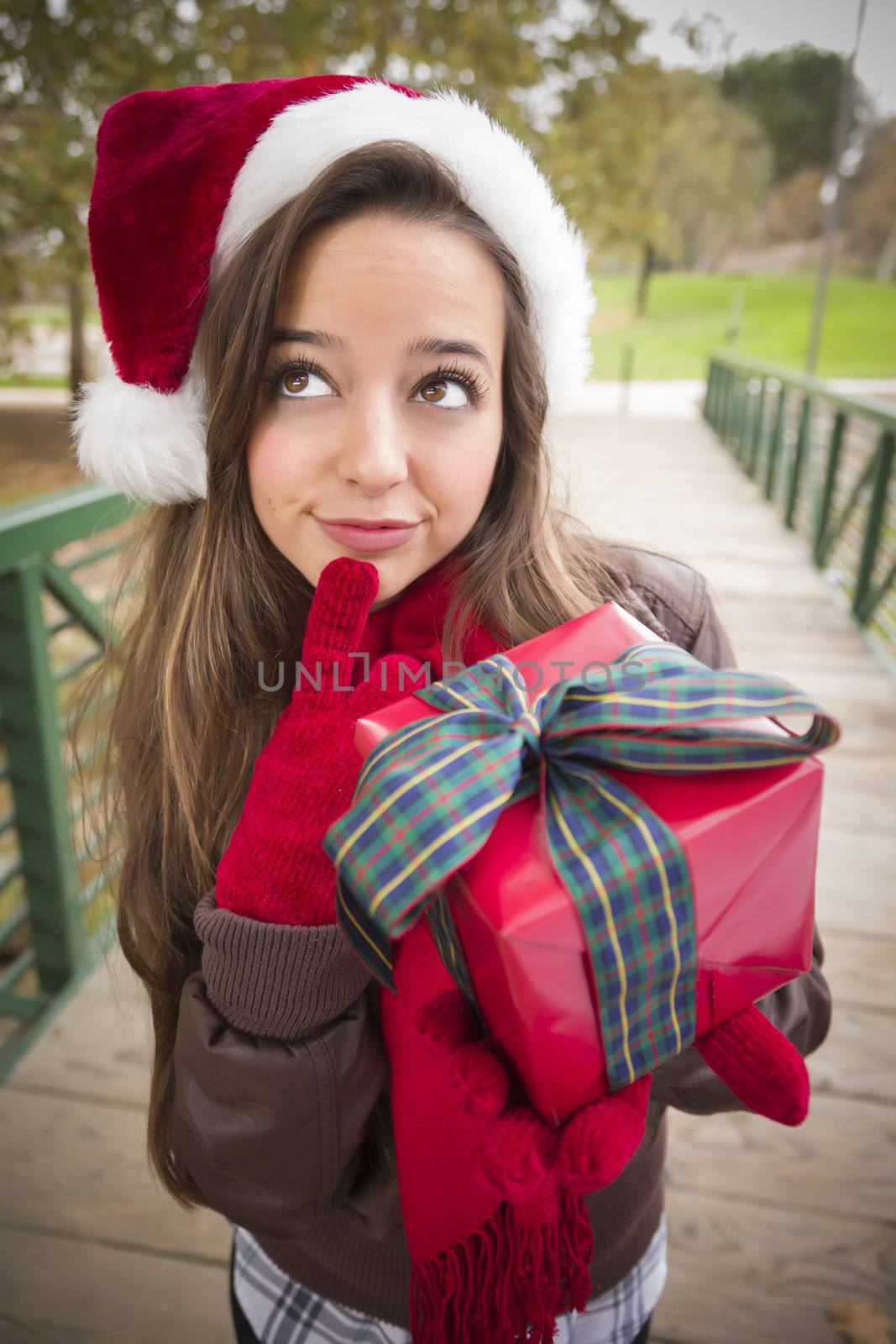 Pretty Festive Smiling Woman Wearing a Christmas Santa Hat with Wrapped Gift and Bow Outside.