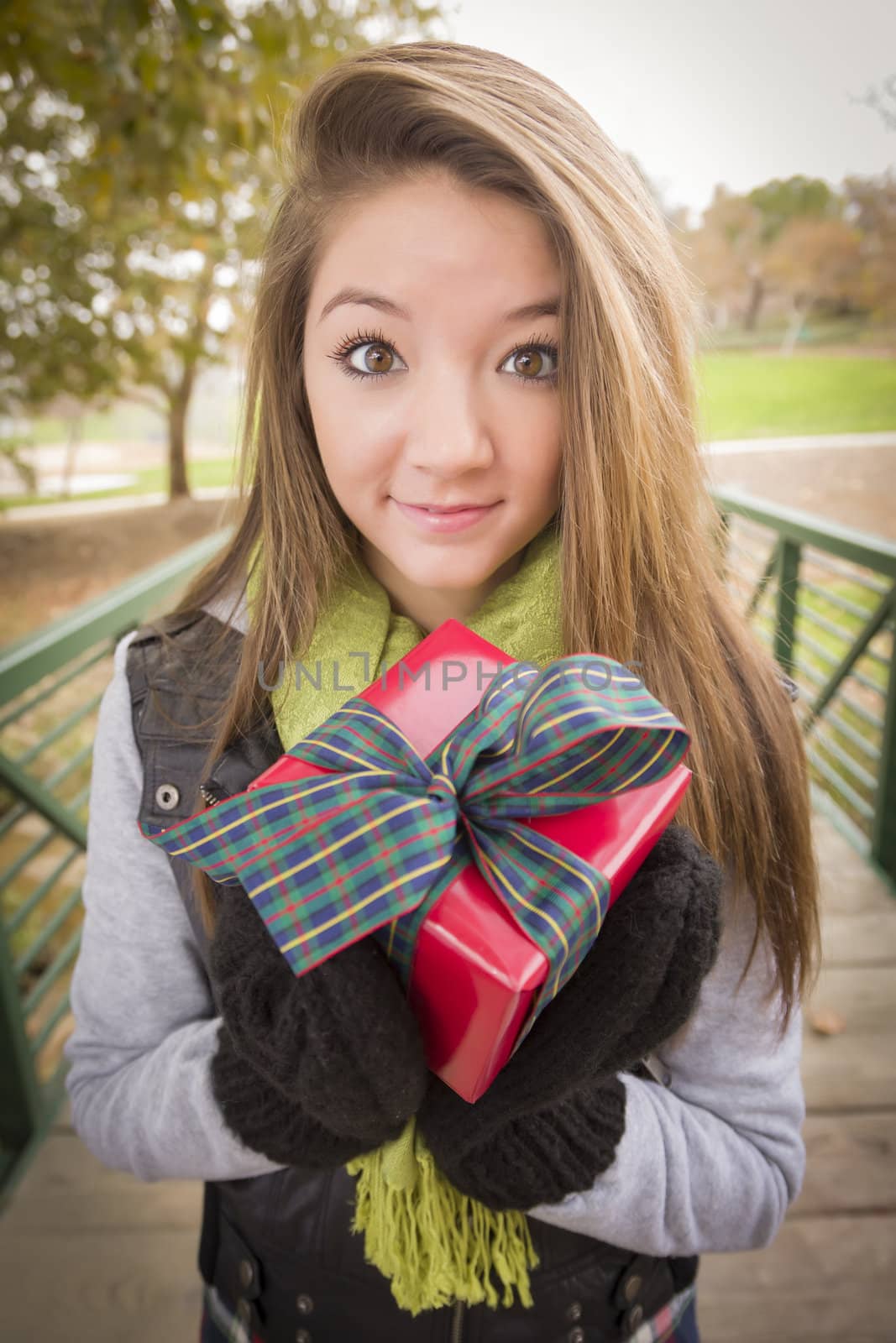 Pretty Festive Smiling Woman with Wrapped Gift with Bow Outside.