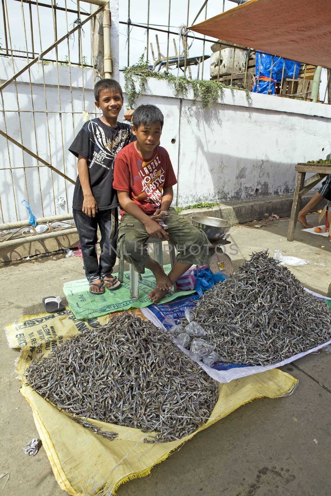 March 2012 - Capiz City, Negros Oriental, Philippines - Two young Filipino boys help thier families work selling dried fish at the local public market in Capiz City. 