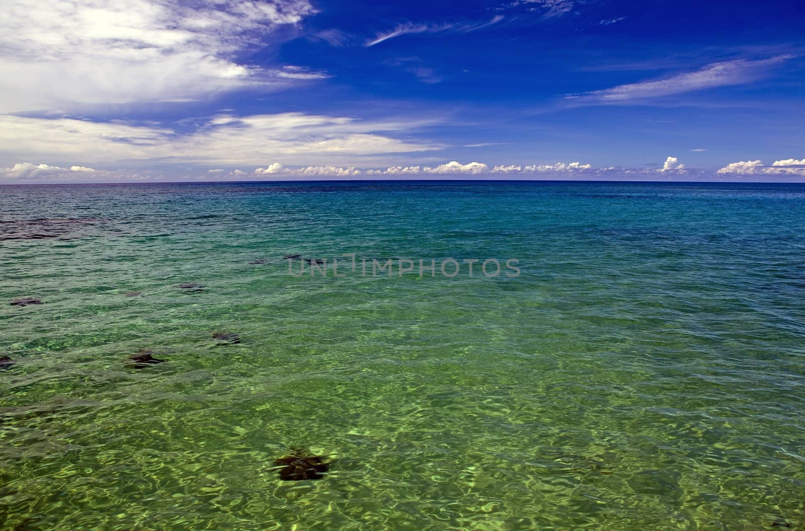 Bohol Island, Bohol, Central Visayas, Philippines - 5/17/2012 - A sweeping view of the Bohol Sea as seen from the boat dock from the little town of Dimiao, on the southeast coast of Bohol Island. Clear blue sky with creamy white clouds and ocean water ranging from emerald green to turquoise to dark blue.