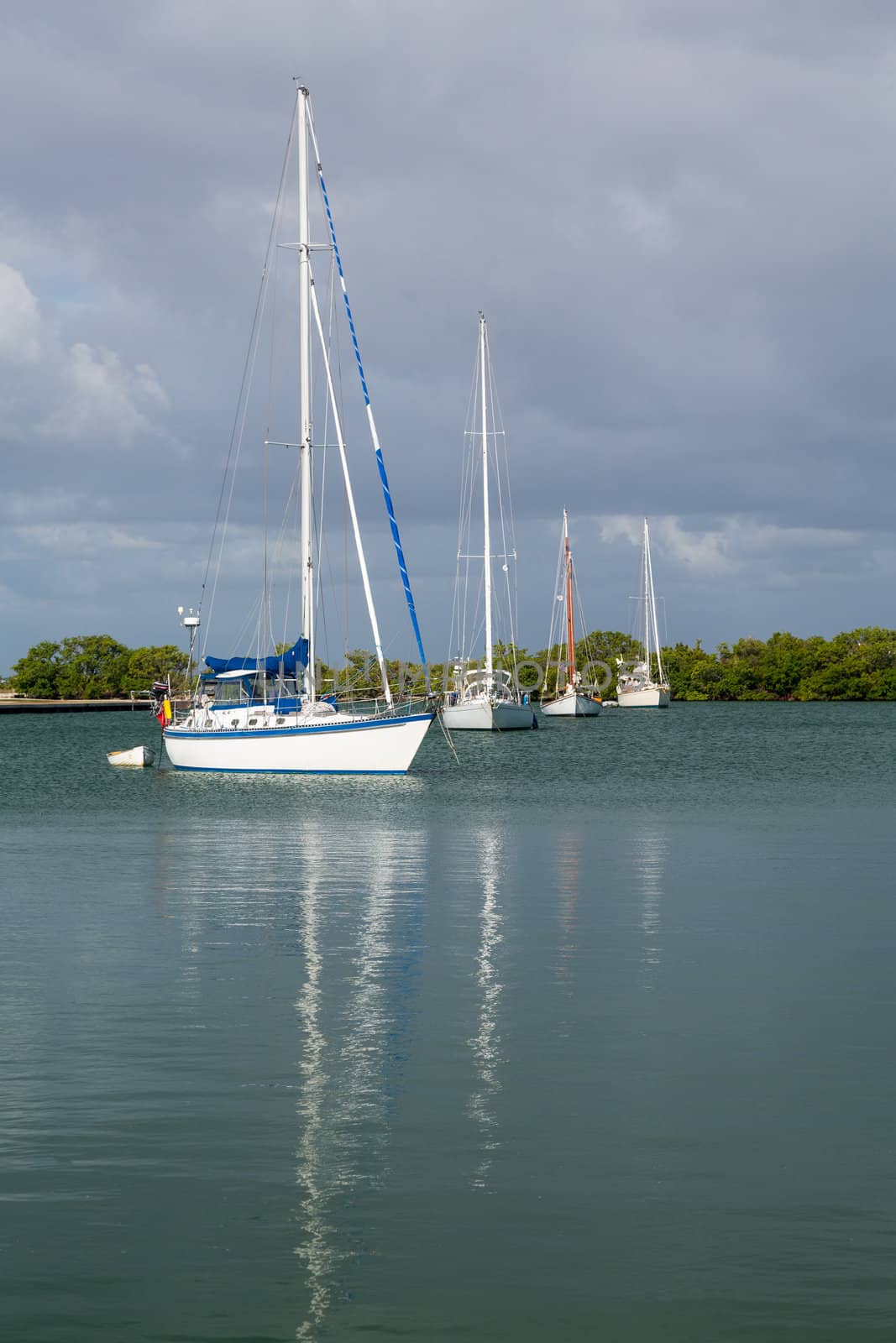Yachts and boats moored in No Name Harbor in Bill Baggs Cape Florida State park Key Biscayne Miami