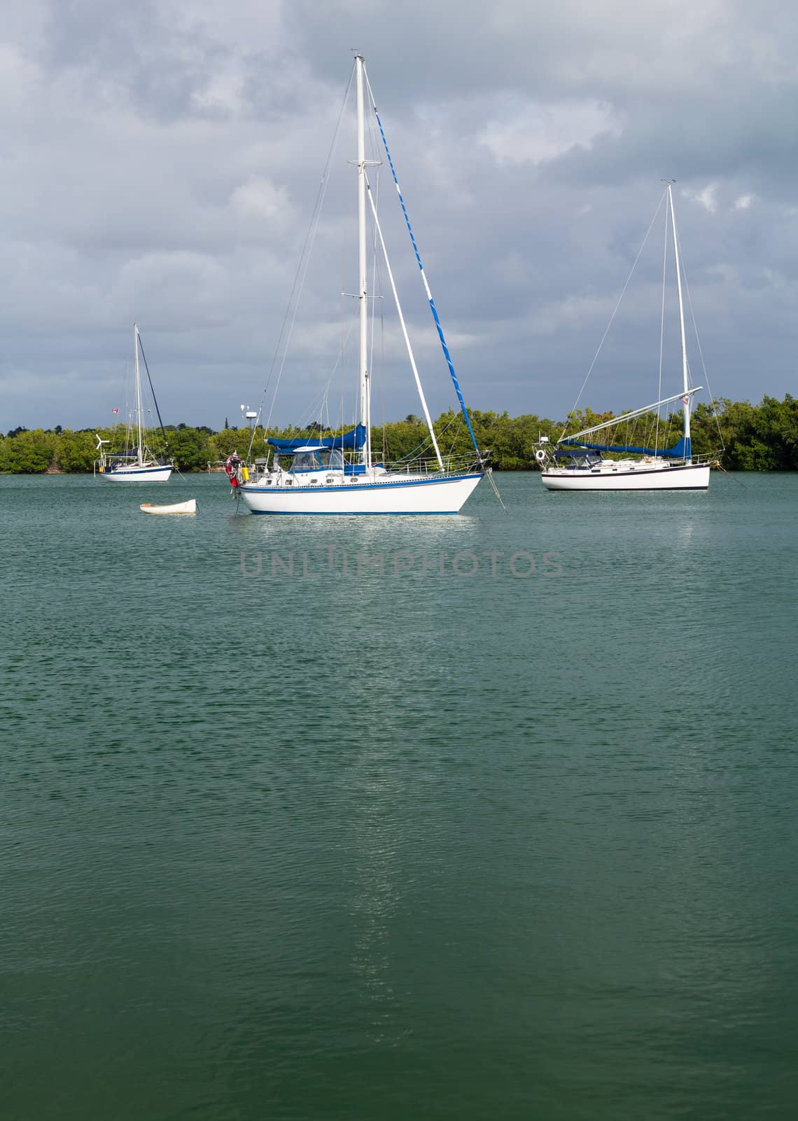 Yachts and boats moored in No Name Harbor in Bill Baggs Cape Florida State park Key Biscayne Miami